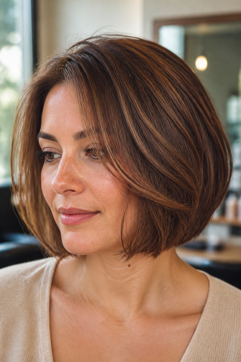 Real woman with layered chestnut bob and face-framing pieces.