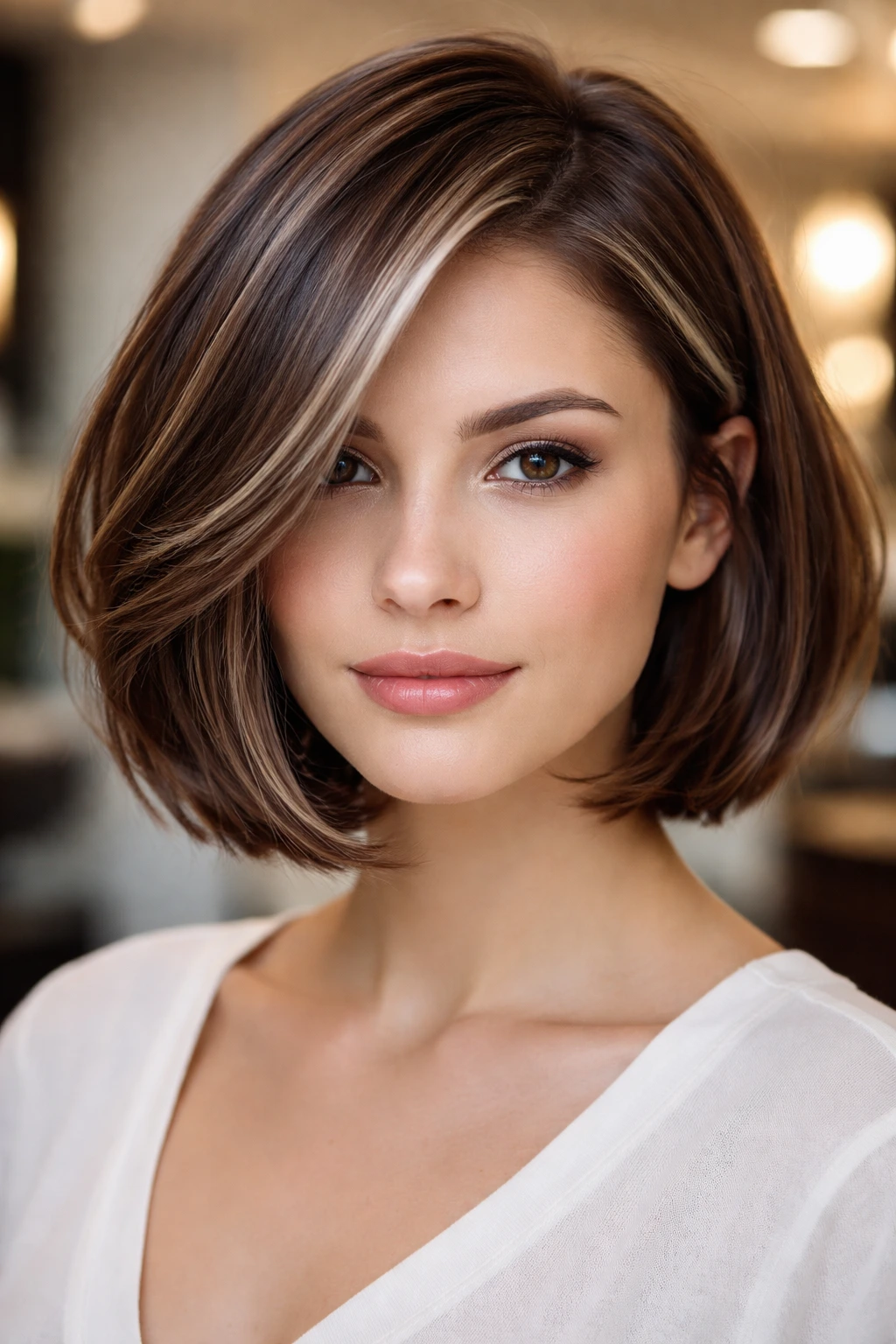 Portrait of a woman with chestnut bob and pearl highlights