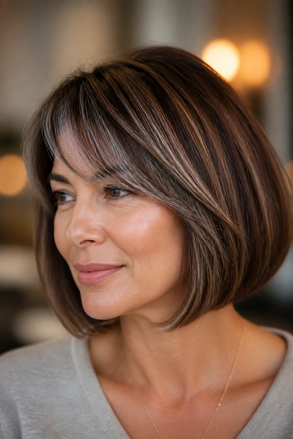 Close-up of a real woman with chestnut bob and smoked-silver fringe.