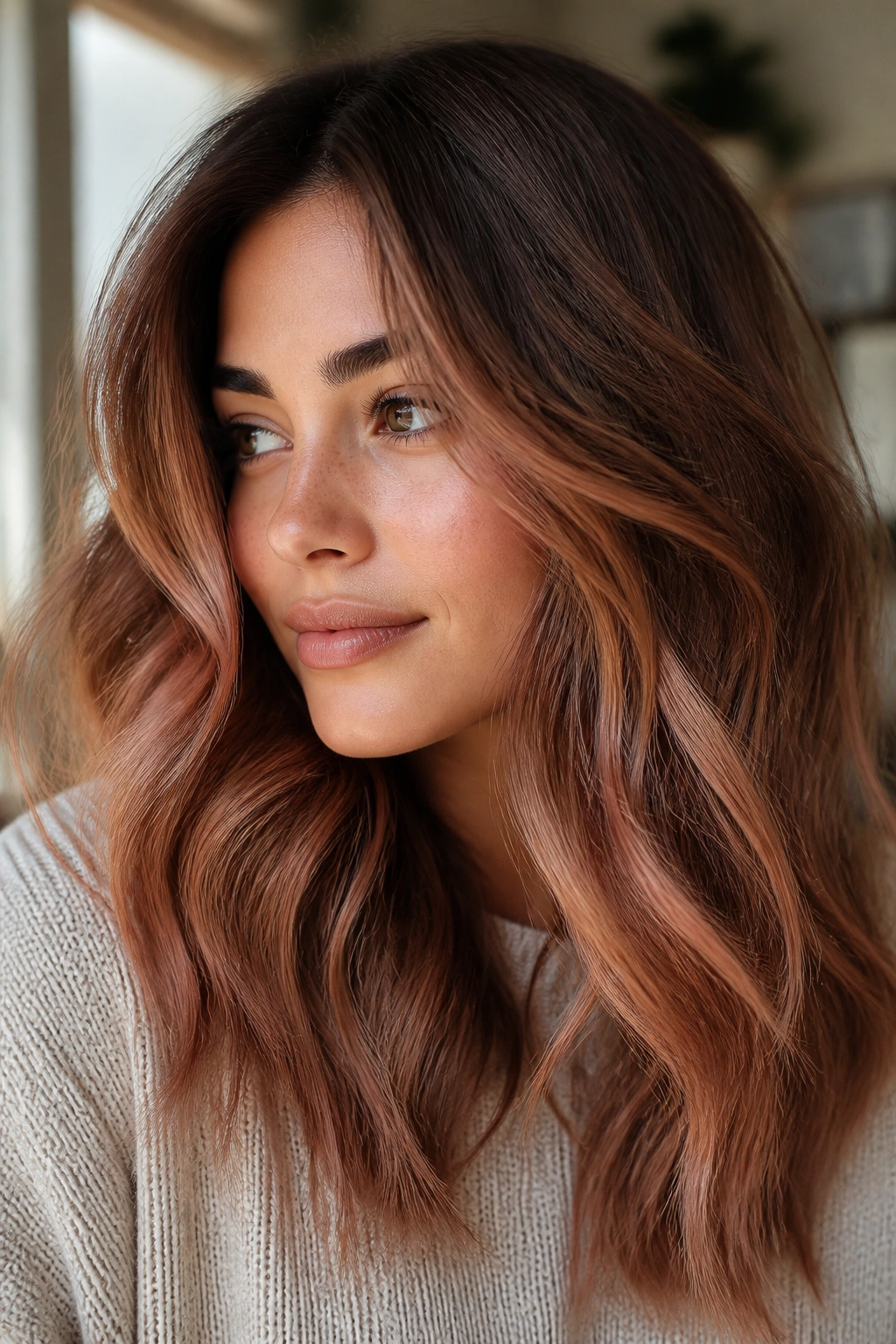 Close-up of chestnut brown hair with apricot strawberry balayage on a real person
