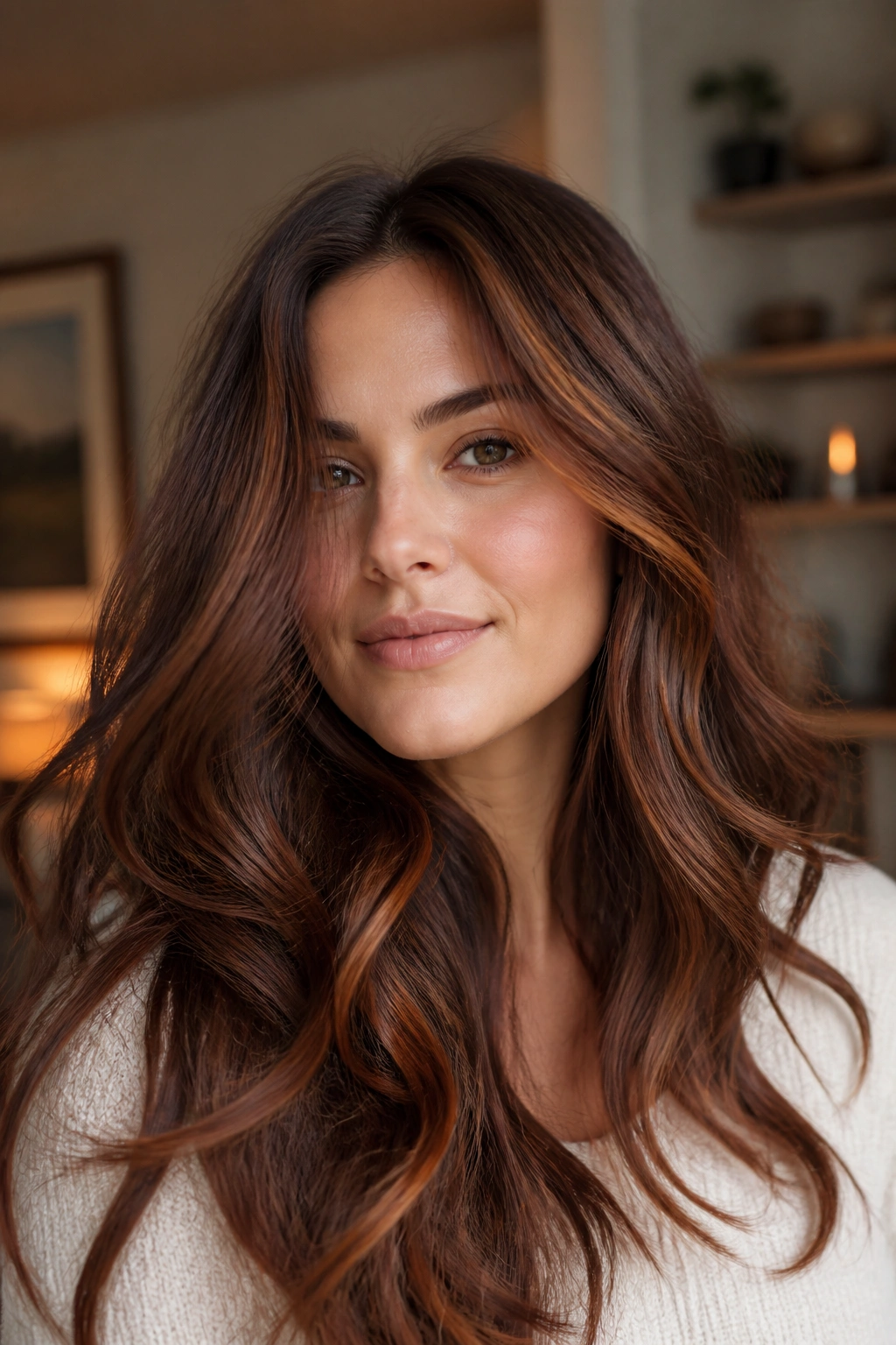 Portrait of a woman with chestnut brown hair and auburn ribbons