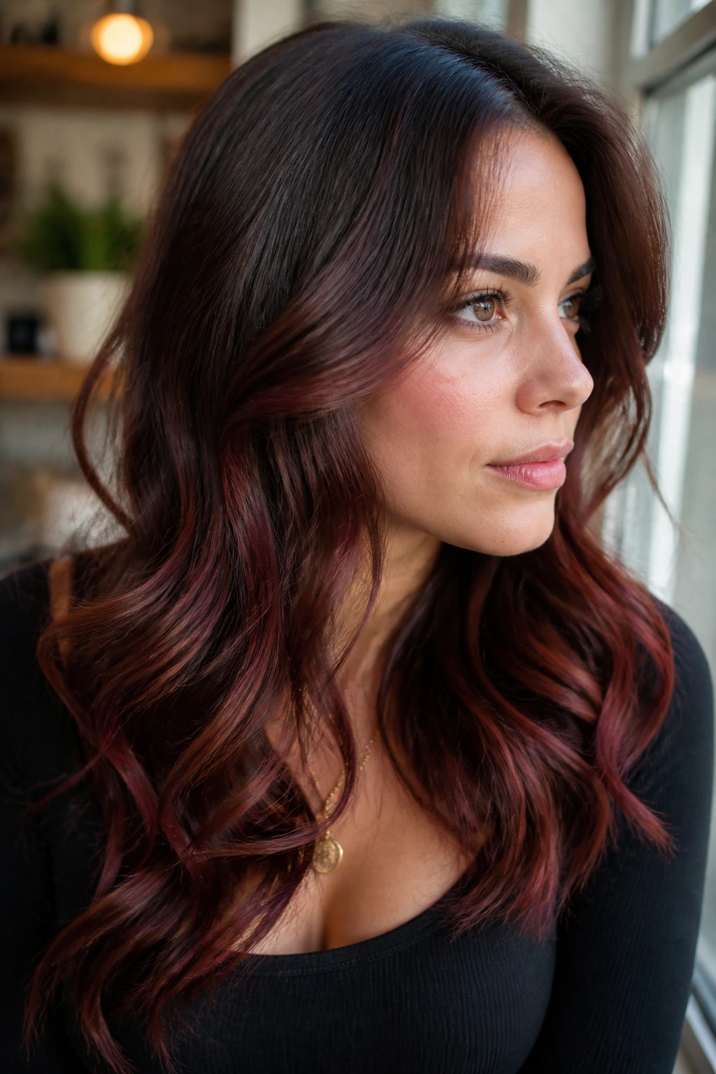 Close-up portrait of a real woman with chestnut brown hair and cherry cola balayage through mid-lengths.