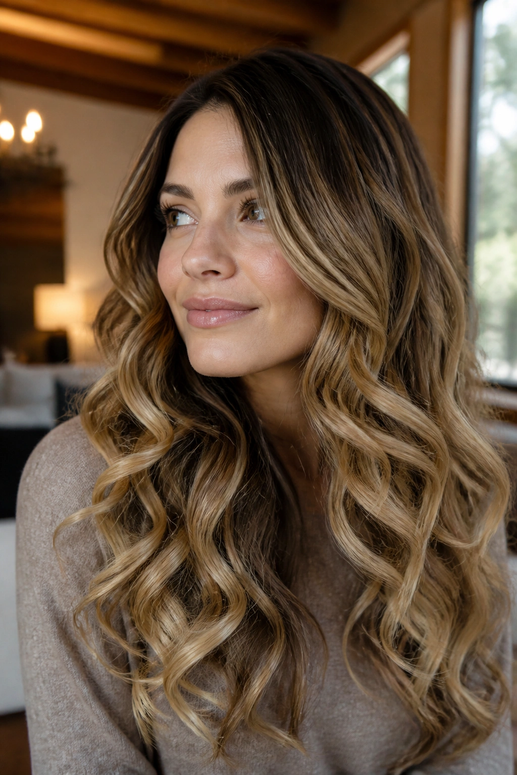 Close-up of a real woman with chestnut brown roots fading to biscuit blonde with tea-lowlights in an ombre.