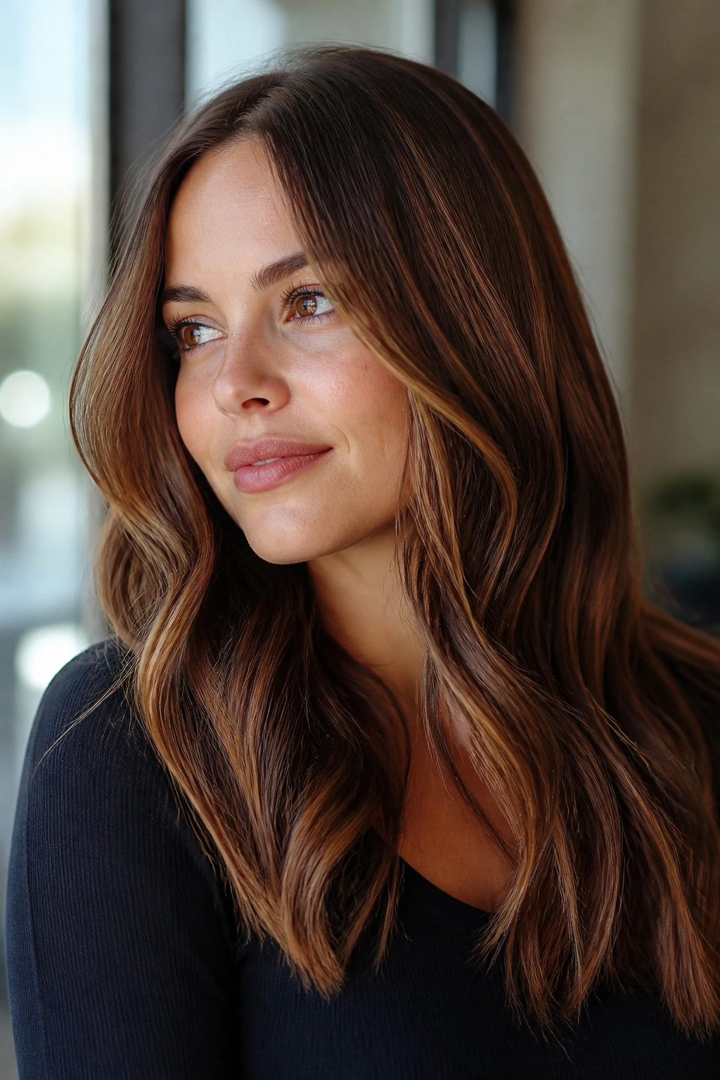 Close-up of a woman with chestnut brown hair and caramel ribbons.