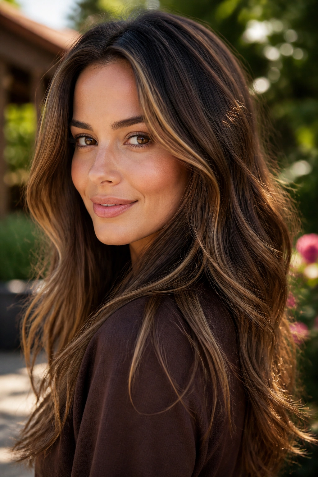 Real woman with chestnut brown hair with caramel ribbons in a garden setting