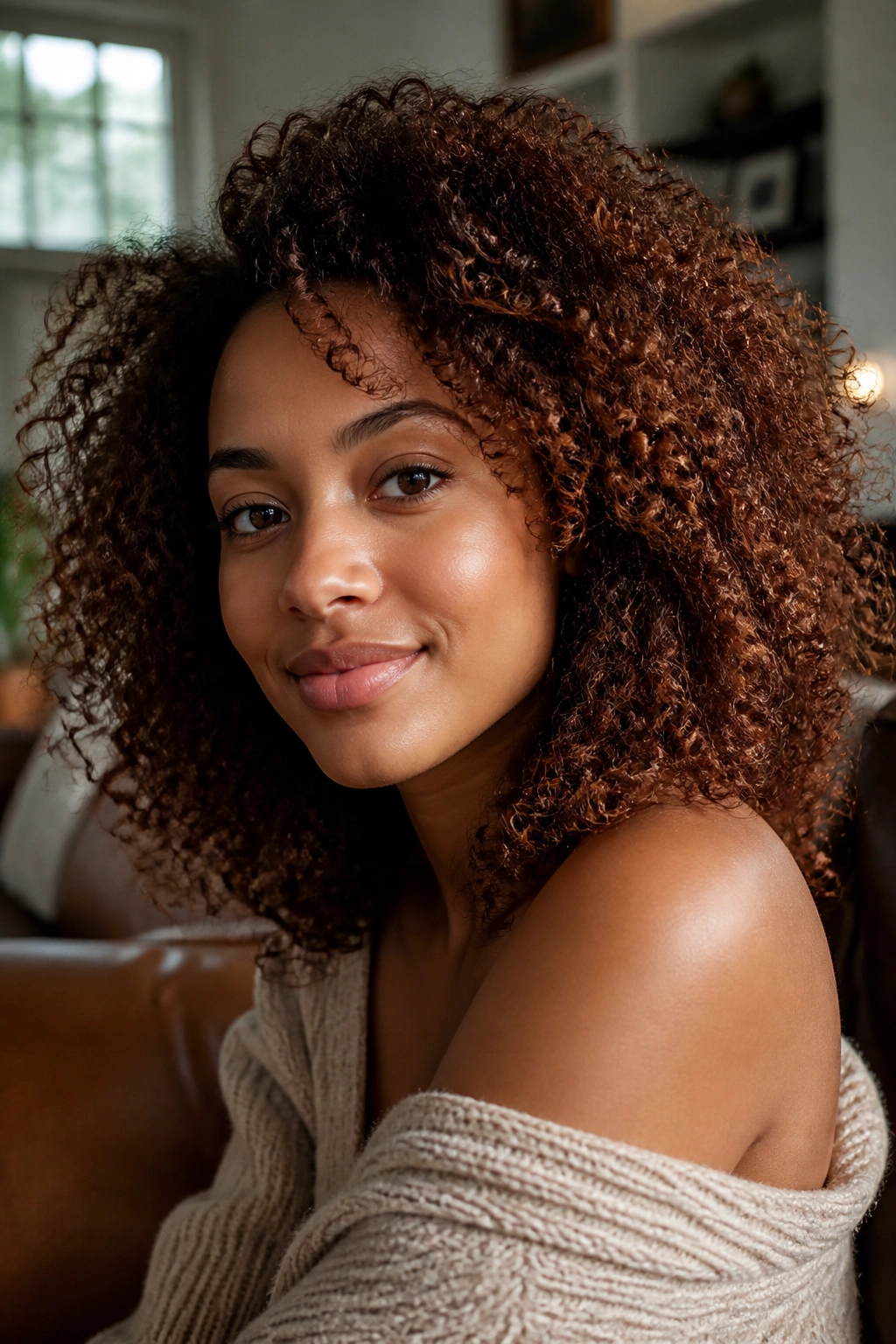 Close-up portrait of a real person with chestnut brown curls bathed in warm window light
