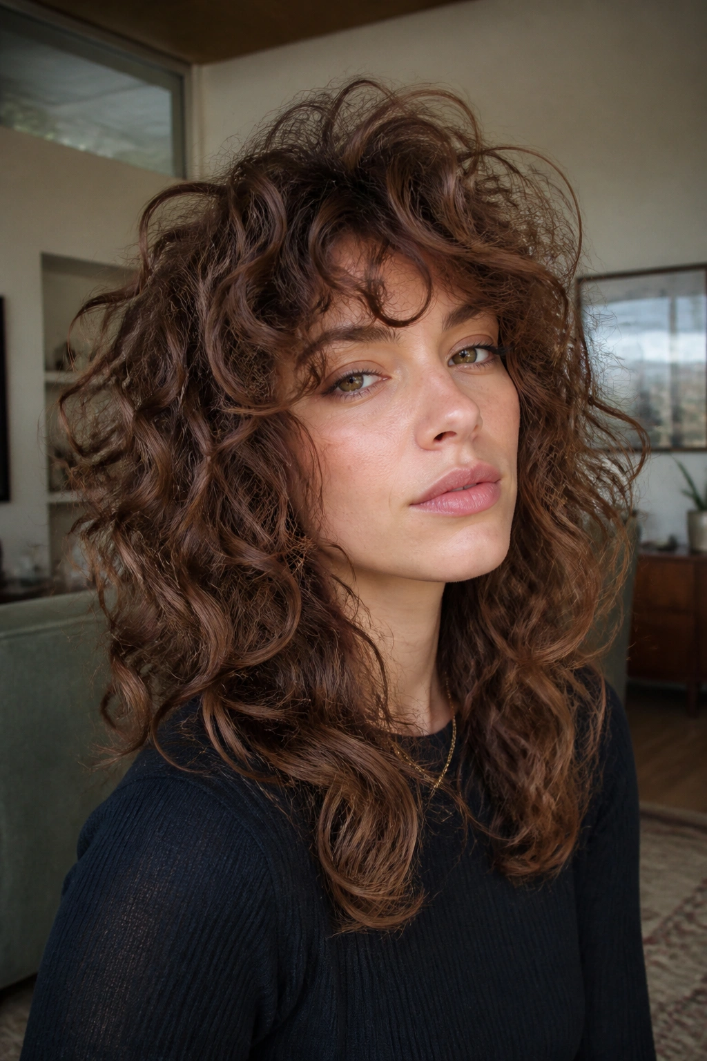 Close-up of chestnut brown curly shag on a real person