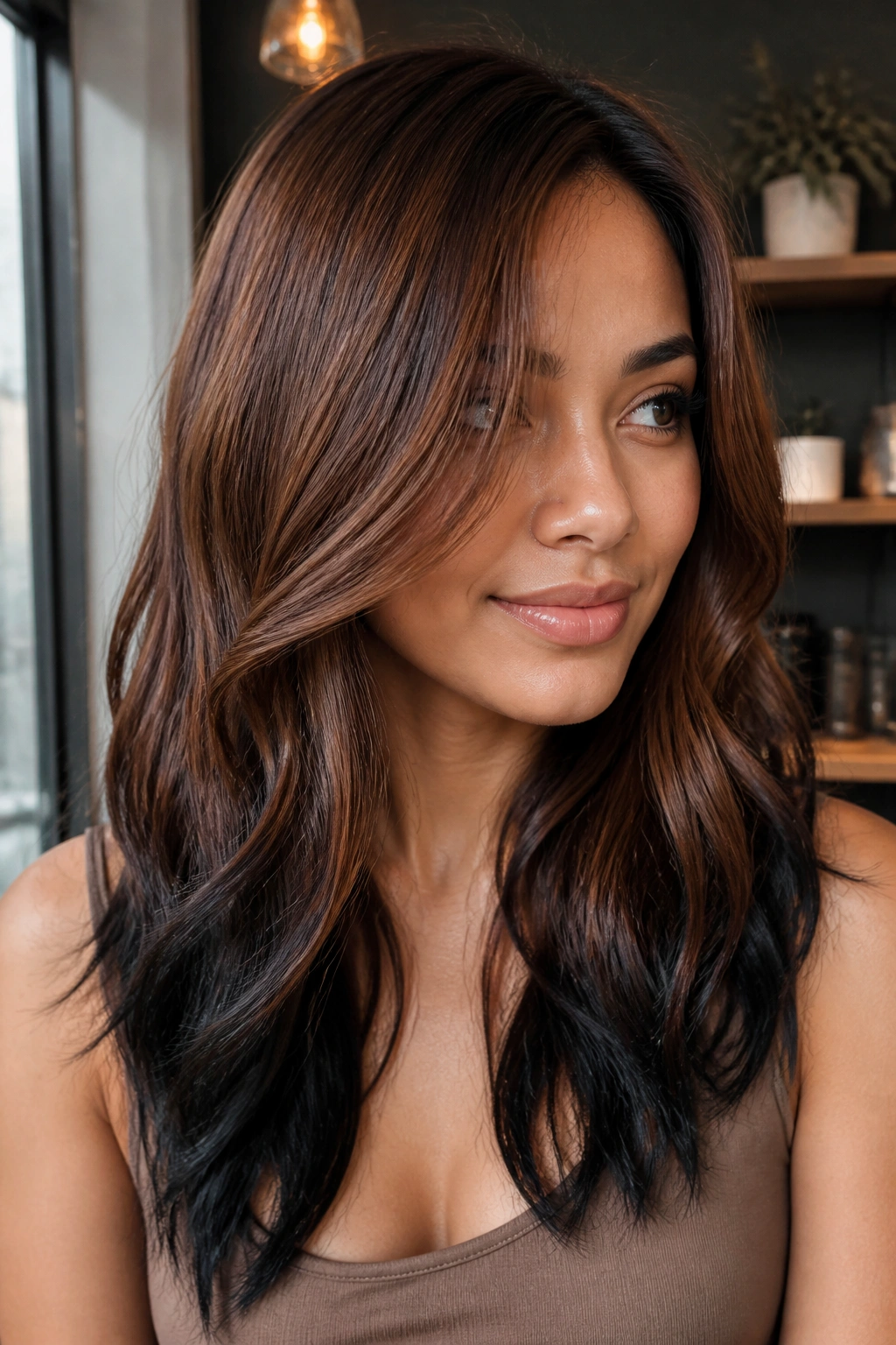 Chestnut brown hair with black ends on a real woman.