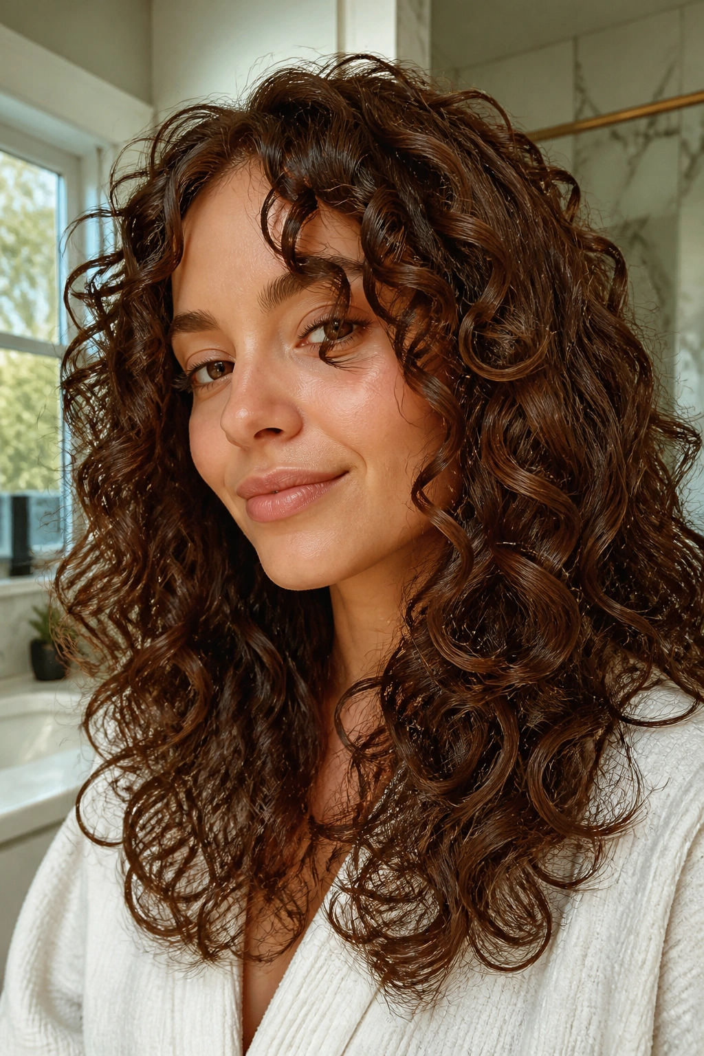 Close-up portrait of a real woman with glossy chestnut brown curls