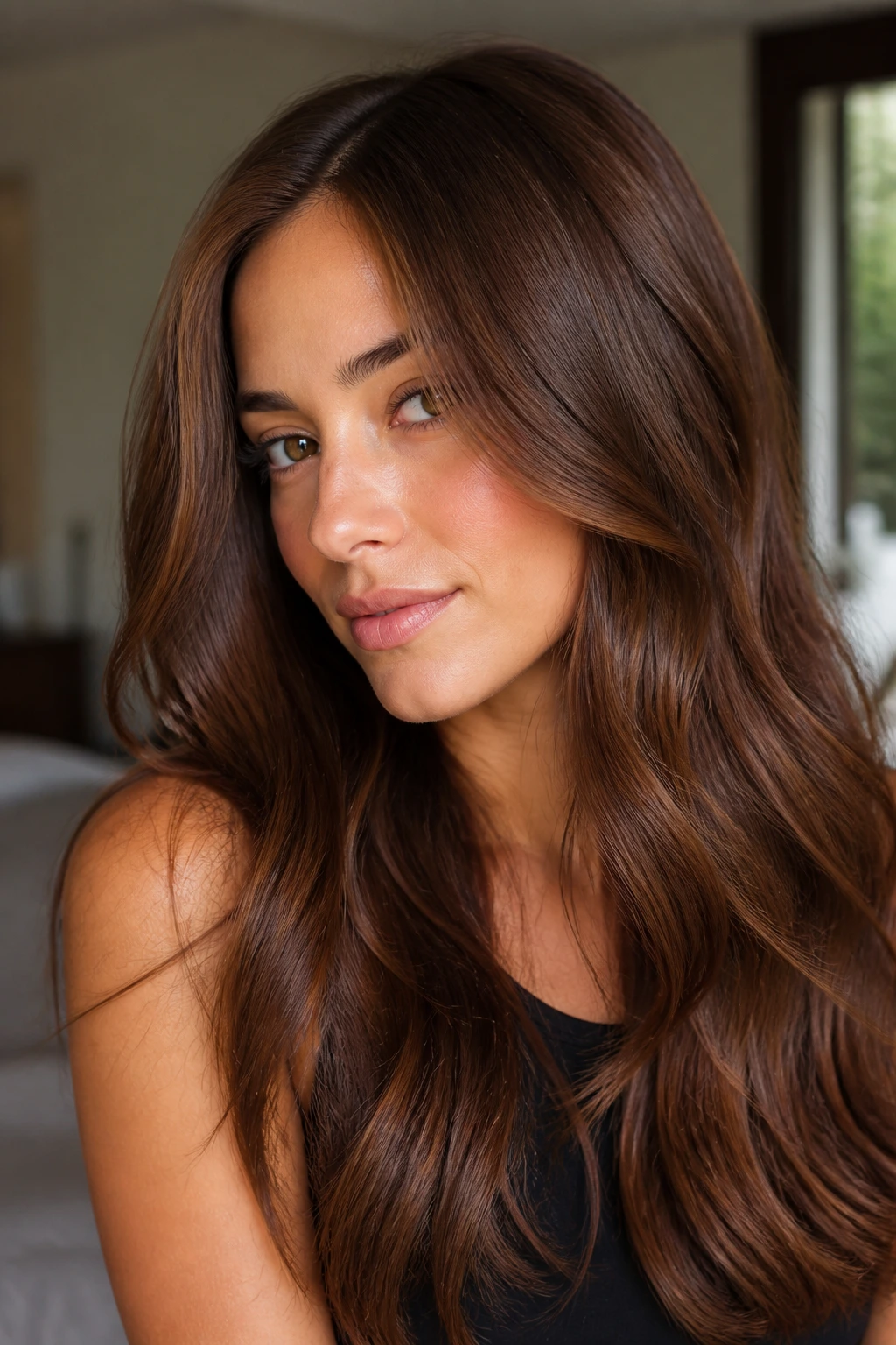 Close-up of a real woman with chestnut brown glossy hair