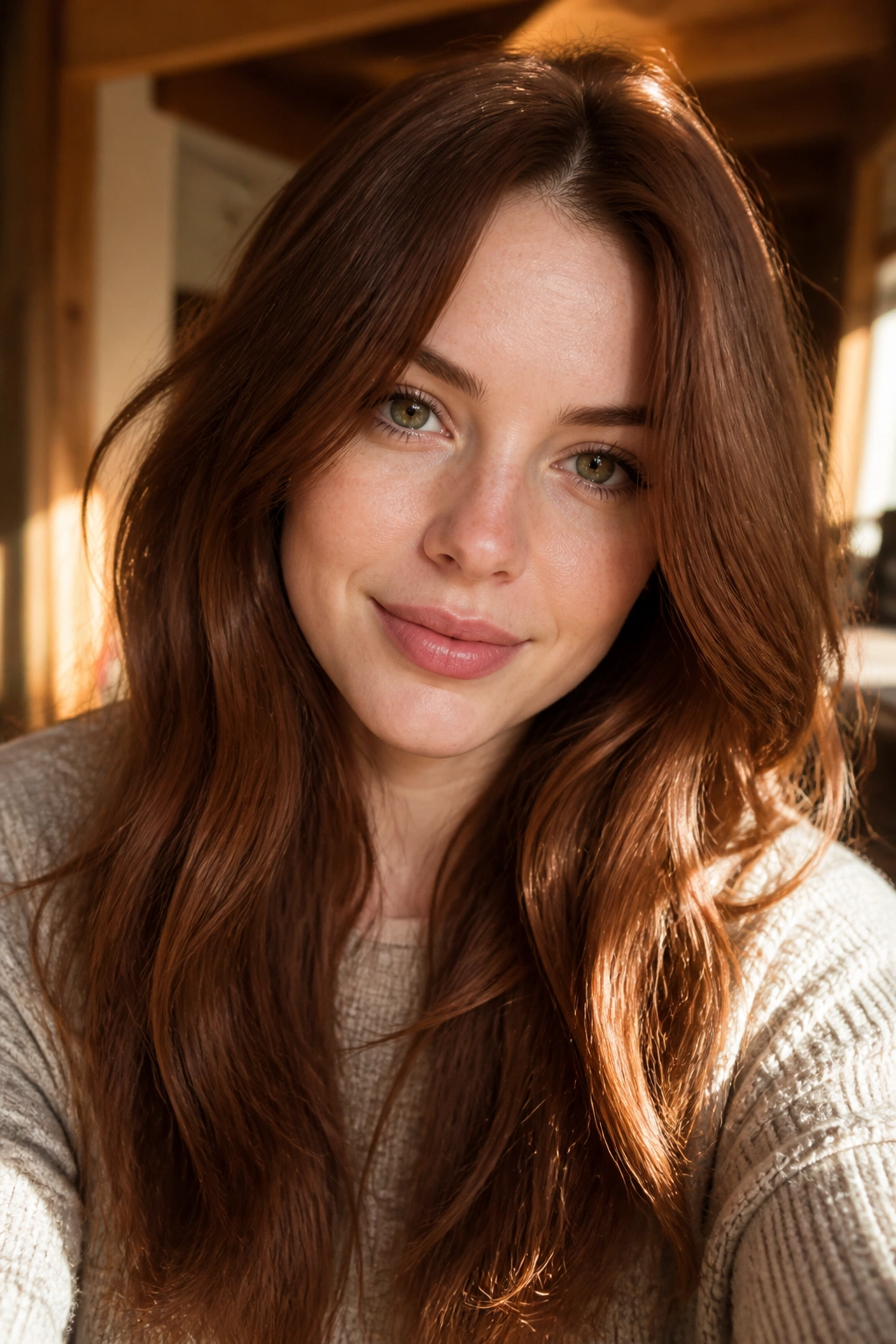 Close-up of a real woman with chestnut brown hair in warm indoor light