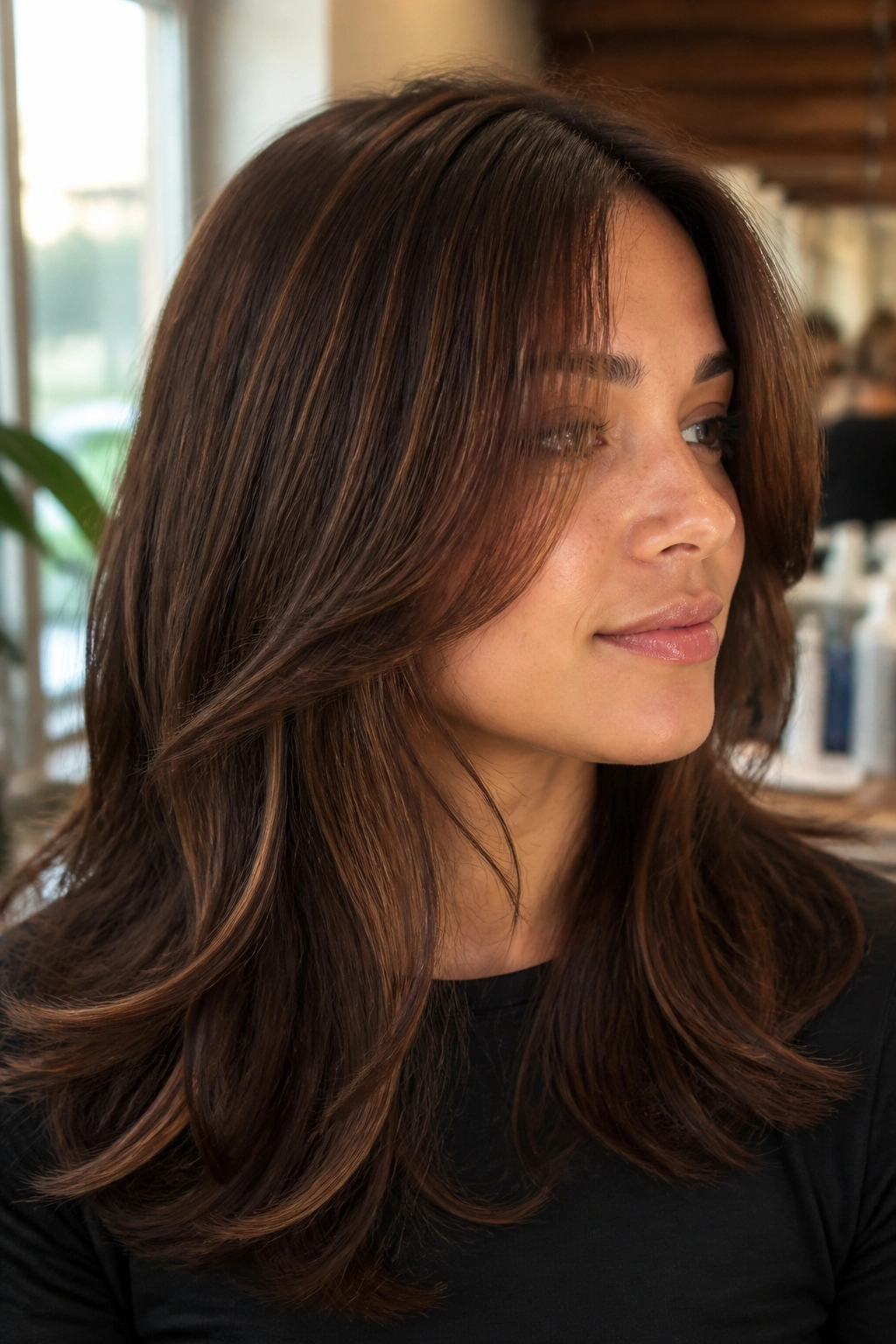 Close-up of a real woman with rich chestnut brown hair showing micro-ribbon highlights under the crown