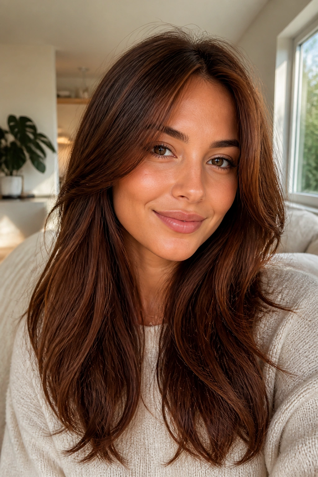 Close-up of chestnut brown hair with warm skin tone.