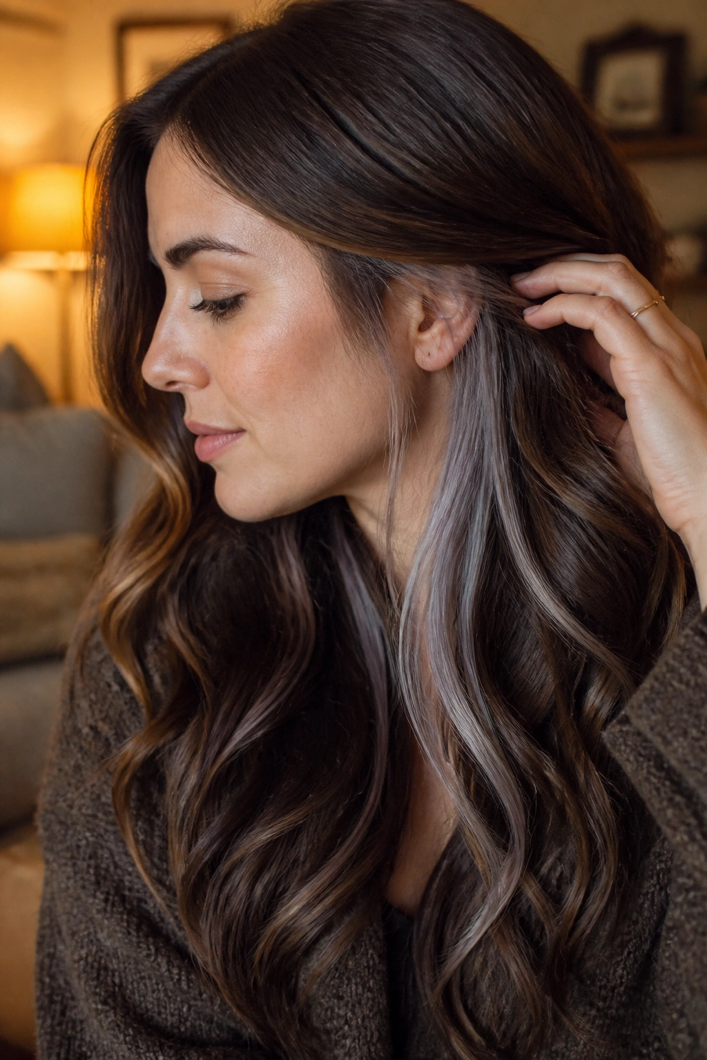 Side-profile of a real woman with chestnut brown hair and hidden silver peekaboo layers