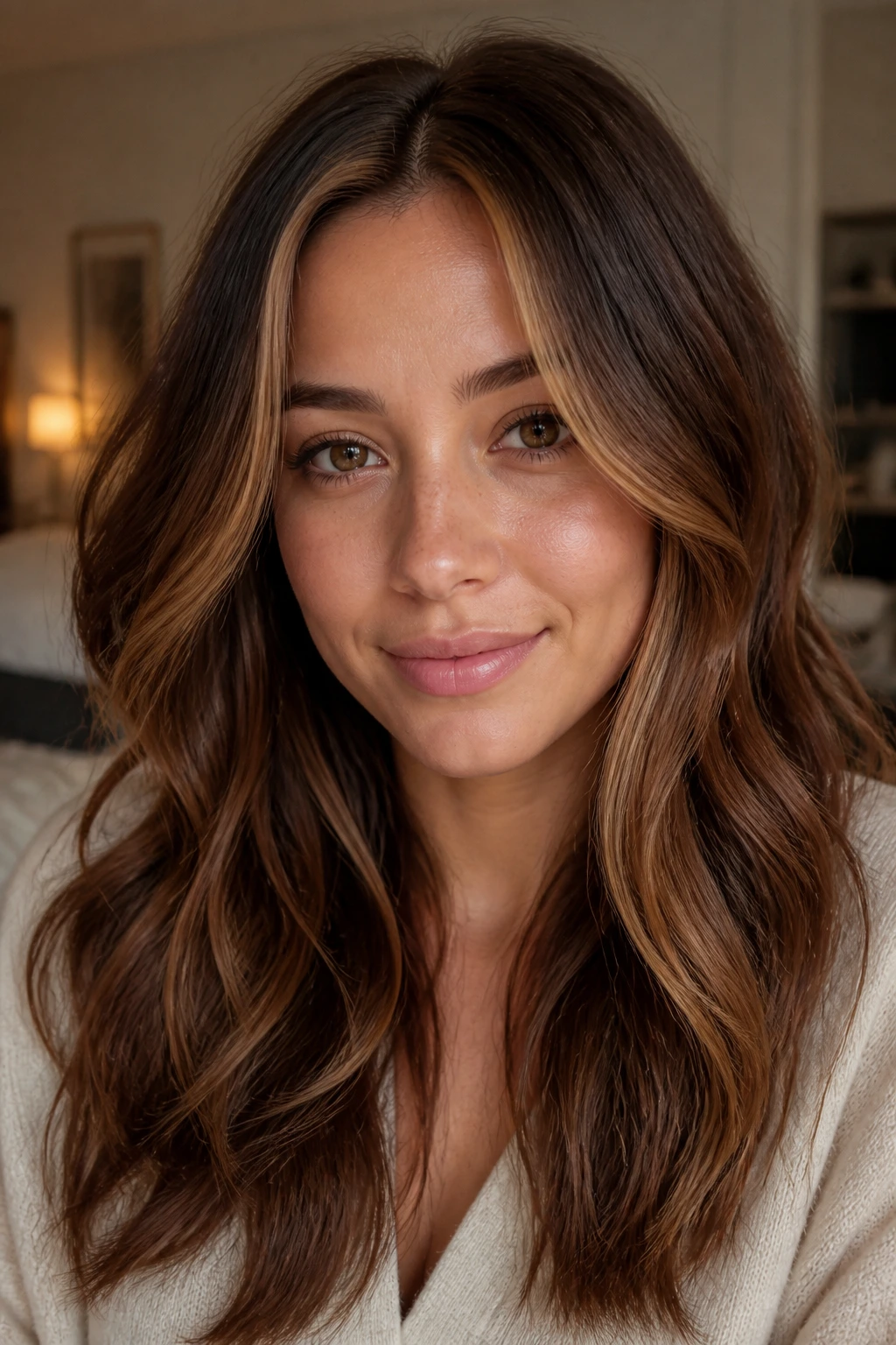 Chestnut brown hair with golden caramel money piece framing the face
