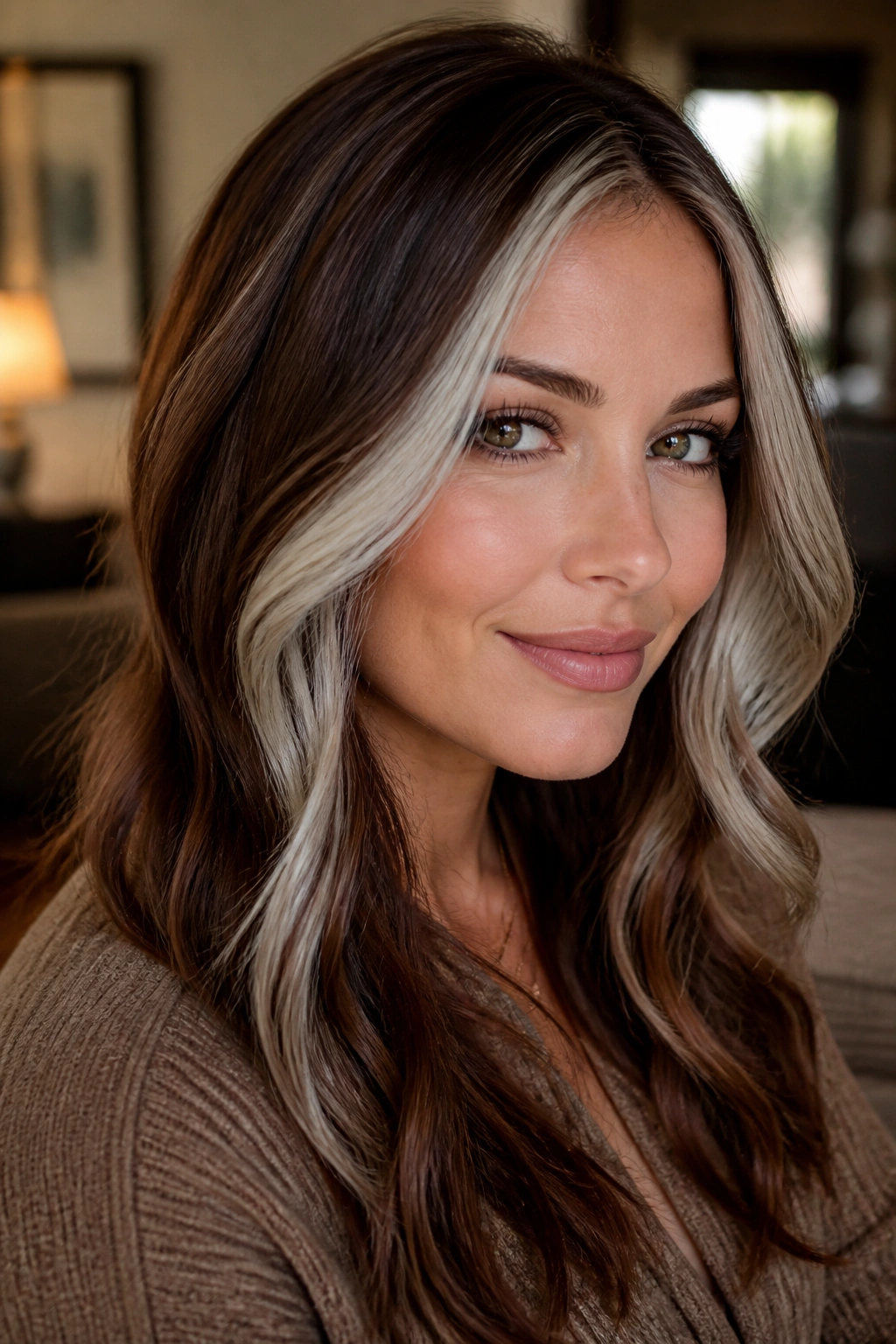 Close-up of chestnut brown hair with frosted silver face-framing around the cheeks