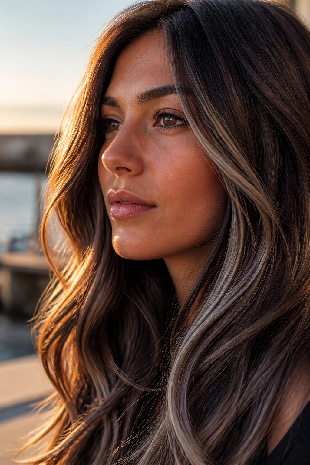 Chestnut brown hair with smoke-silver accents on a real person