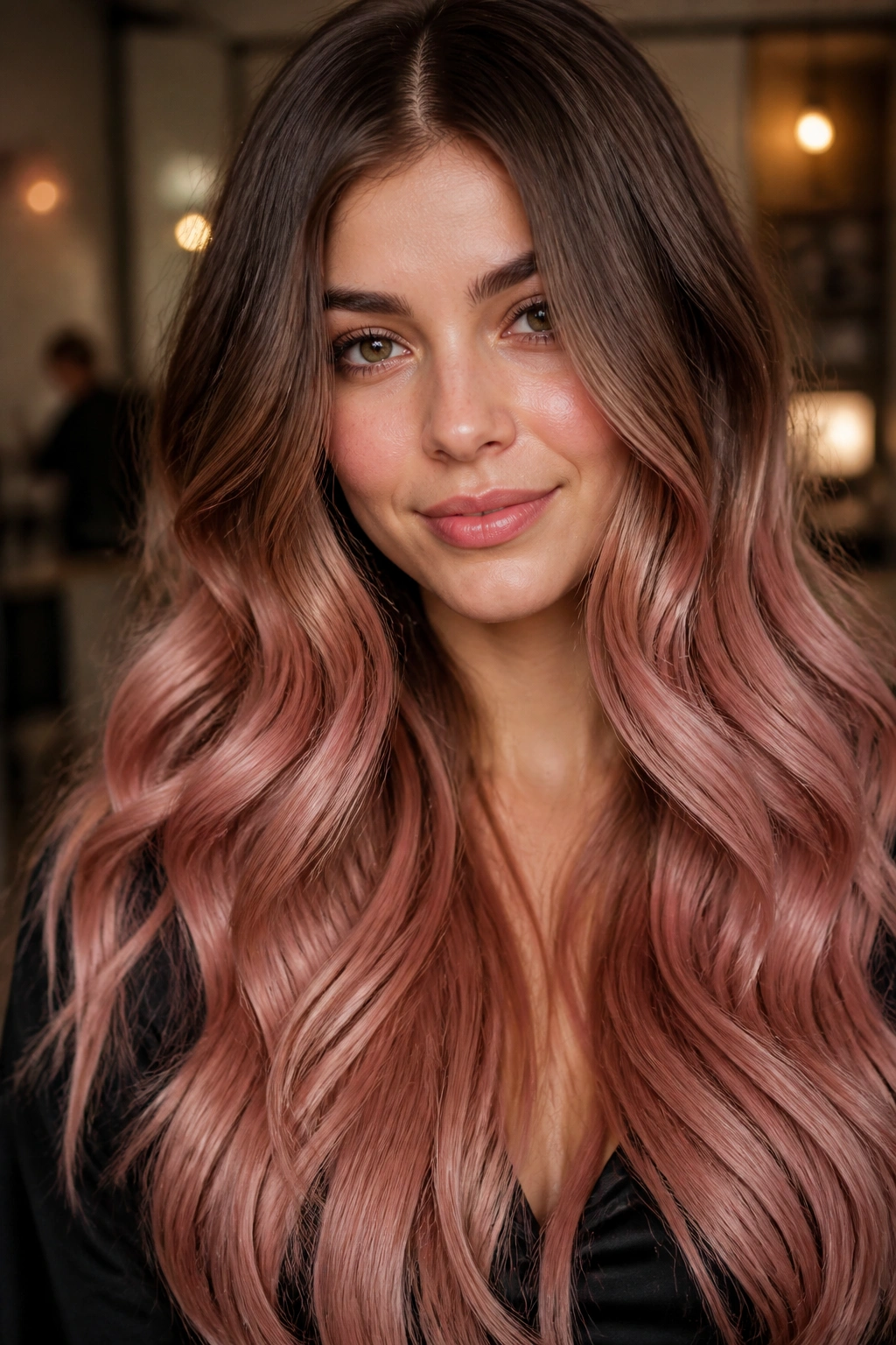 Close-up portrait of a real woman with chestnut brown roots fading to tea rose lengths