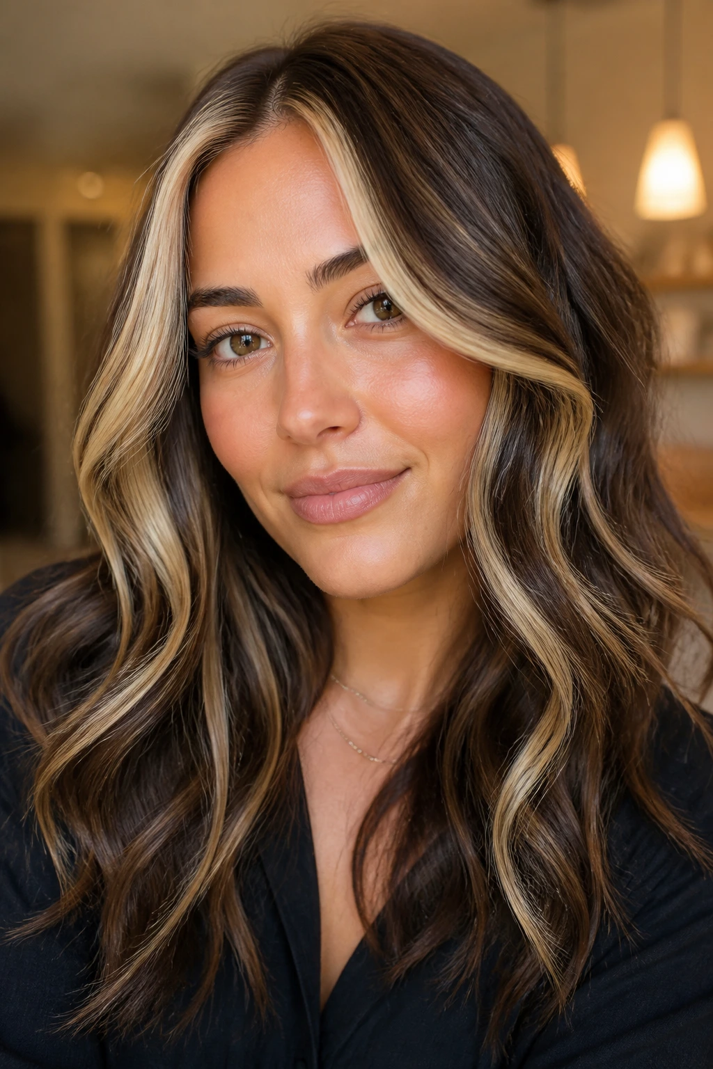 Close-up portrait of a real woman with chestnut brown hair and vanilla blonde slices