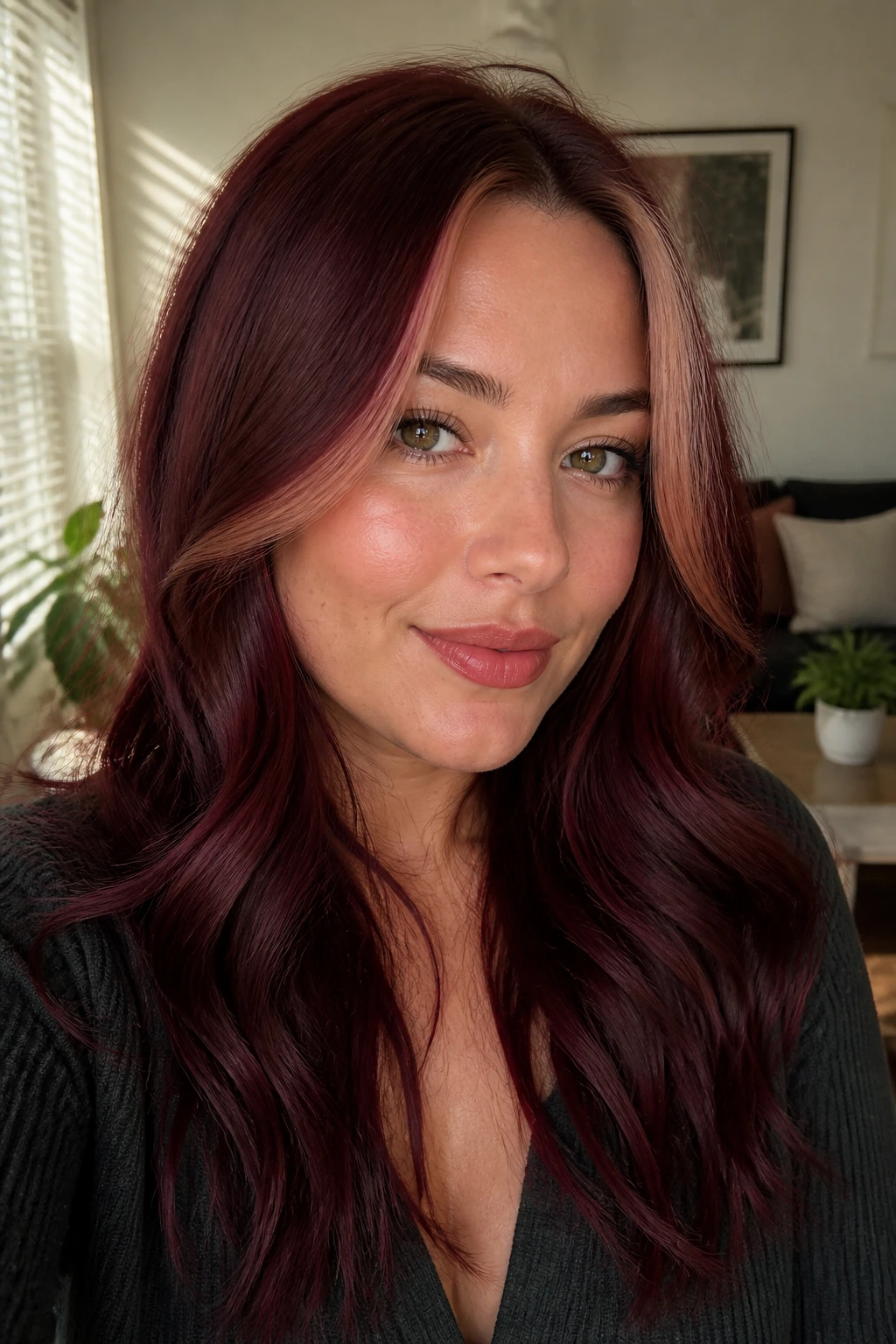 Close-up of a real person with chestnut burgundy hair and a soft money piece front highlight.