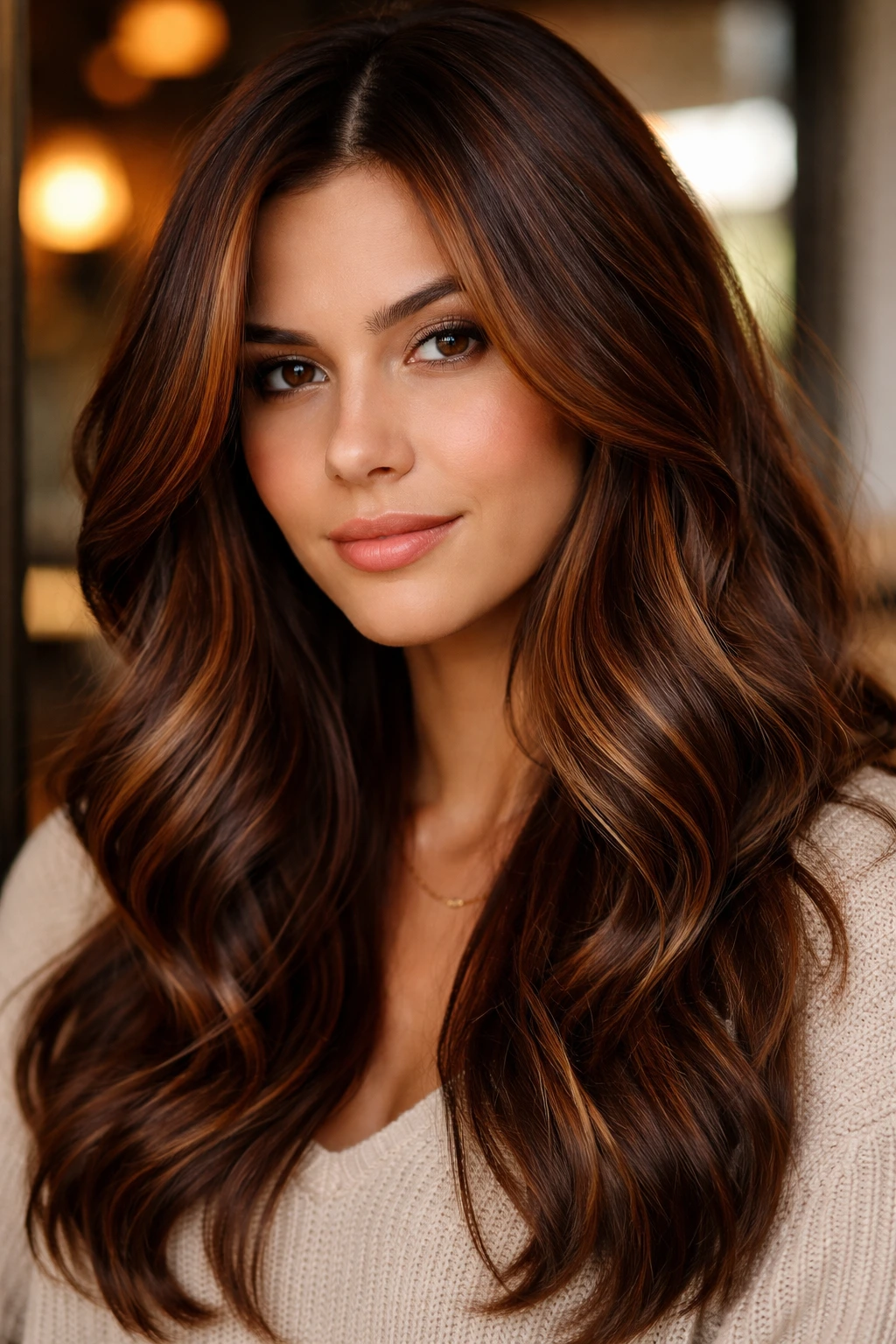 Close-up portrait of a real woman with chestnut base and burnt caramel streaks.