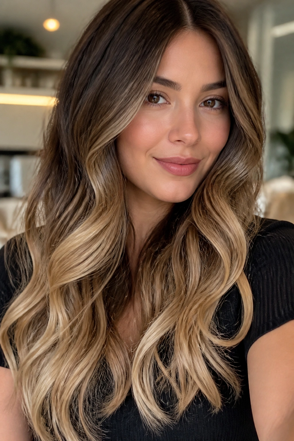 Close-up of a woman with chestnut to buttercream S-curl ombre on hair