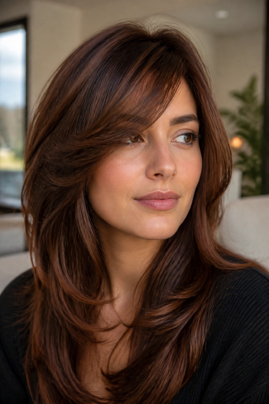 Close-up portrait of a woman with chestnut butterfly cut and swept fringe.
