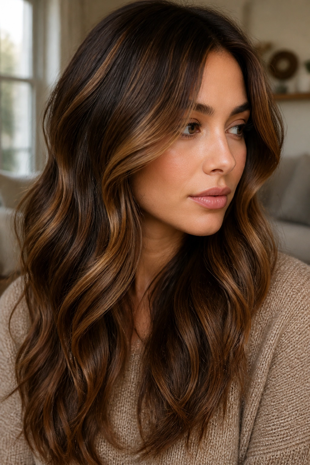 Close-up of chestnut brown hair with cinnamon caramel dimension on a real person.