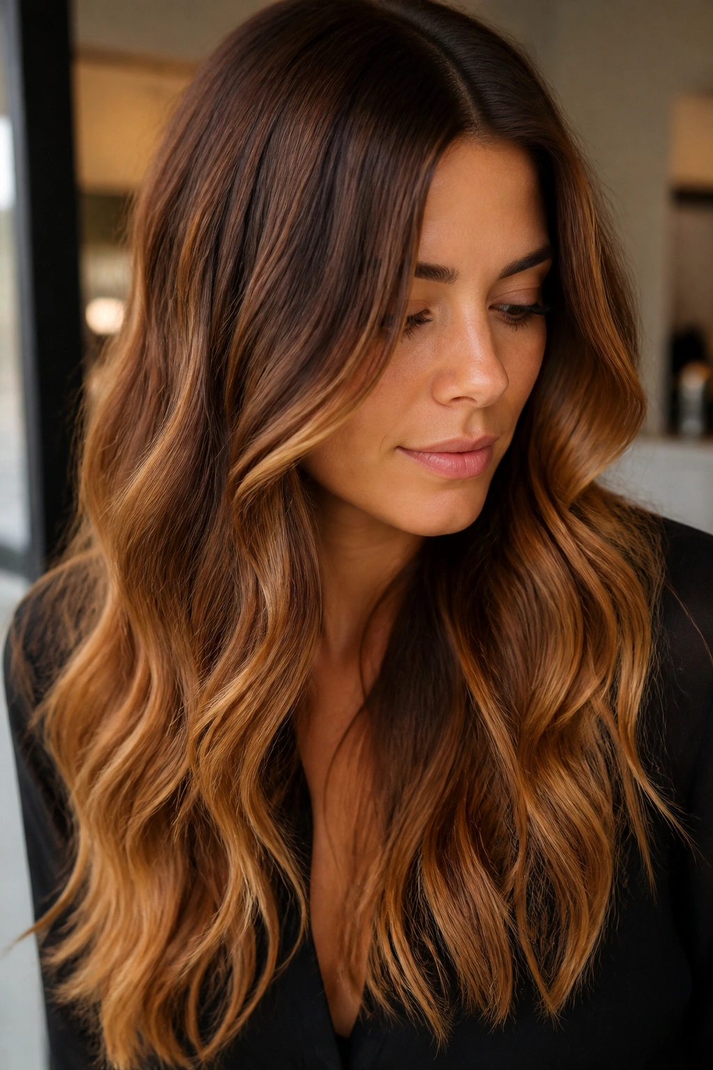 Close-up of a real woman with chestnut base and melted caramel ends