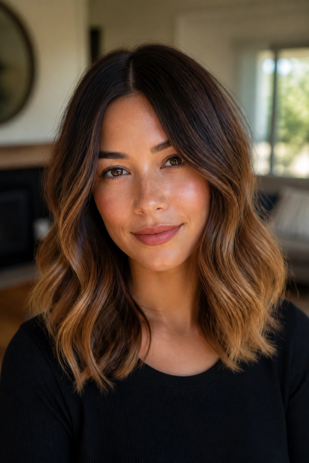 Close-up portrait of chestnut-to-caramel ombre waves starting below the cheekbones on a real person