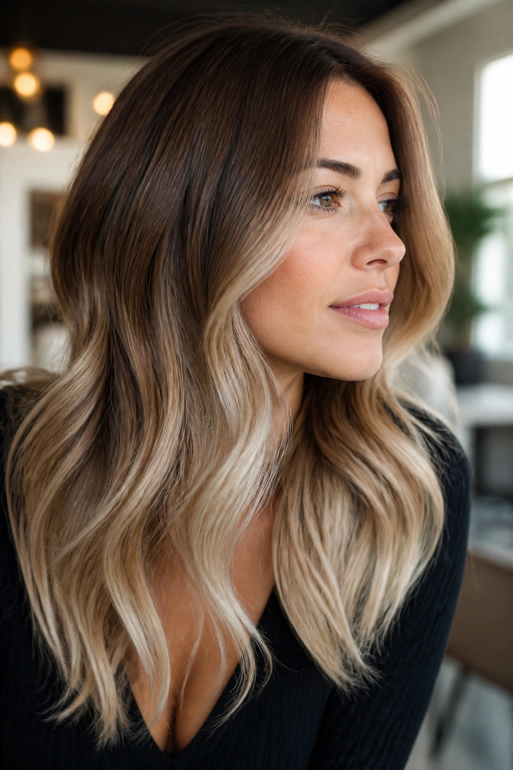 Close-up of chestnut to champagne balayage on brown hair