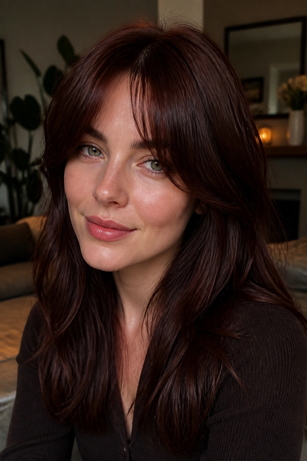 Close-up of chestnut cherry hair with curtain bangs on a real person