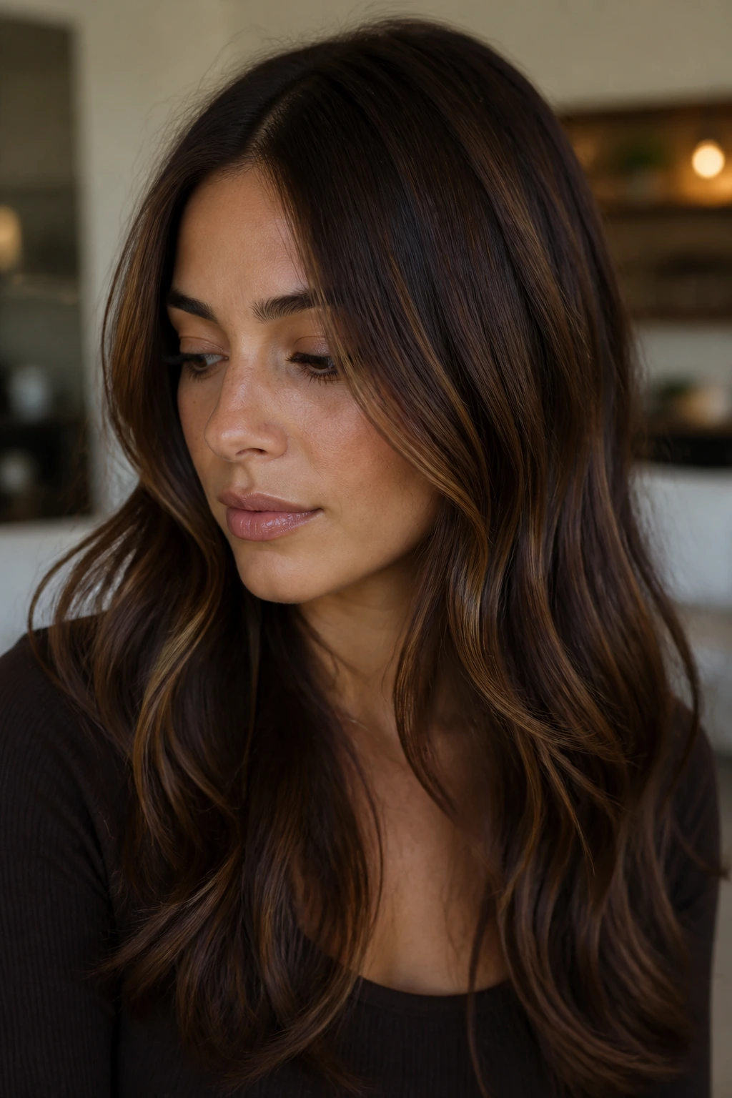 Medium brunette with chestnut-chocolate blend lowlights