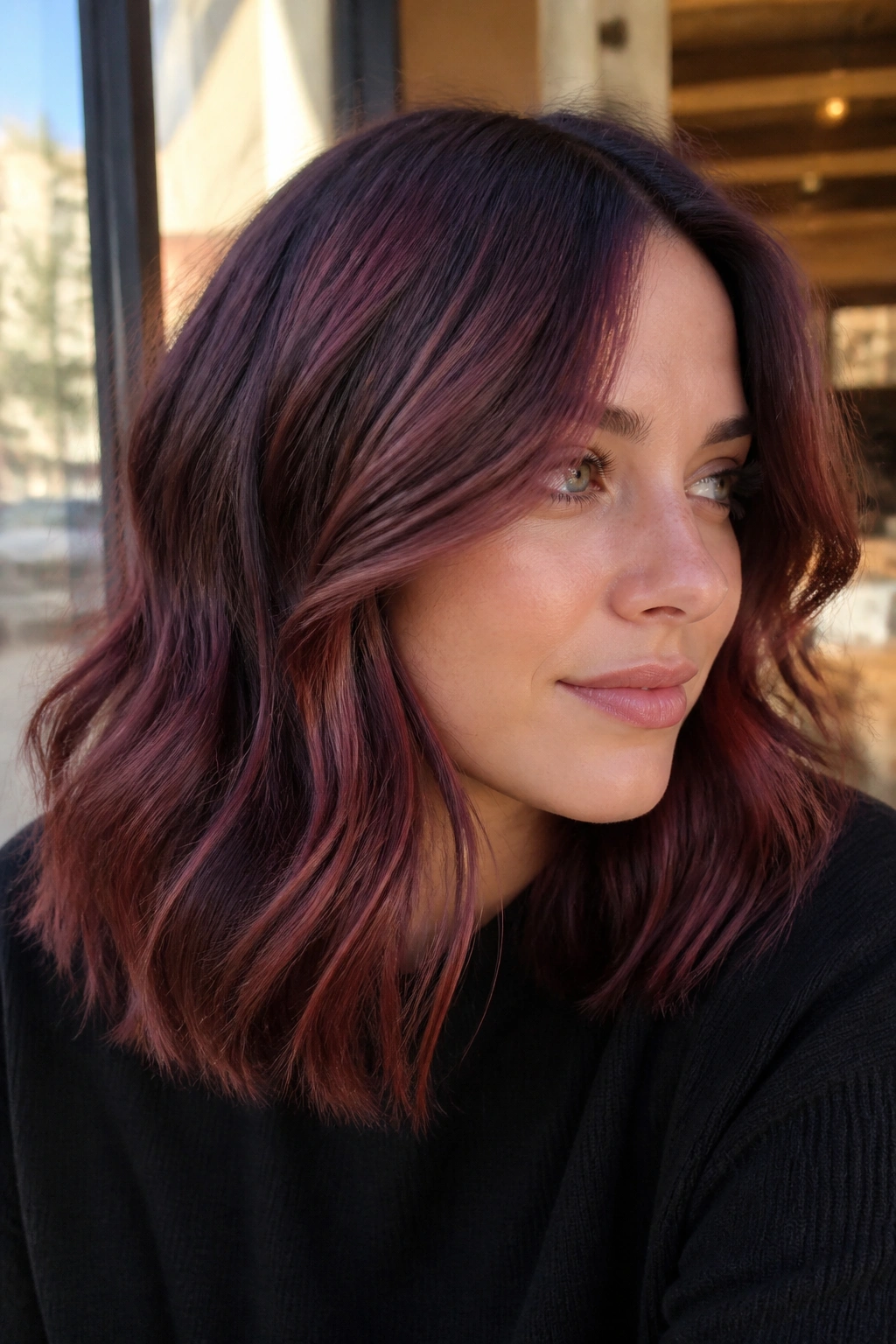 Shoulder-length waves with Chestnut Chocolate Cherry Balayage in sunlight