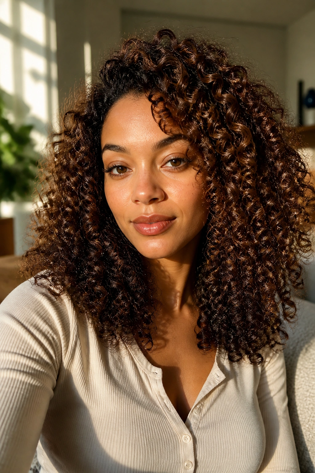 Close-up of curly hair with chestnut to cocoa ombre on a real person