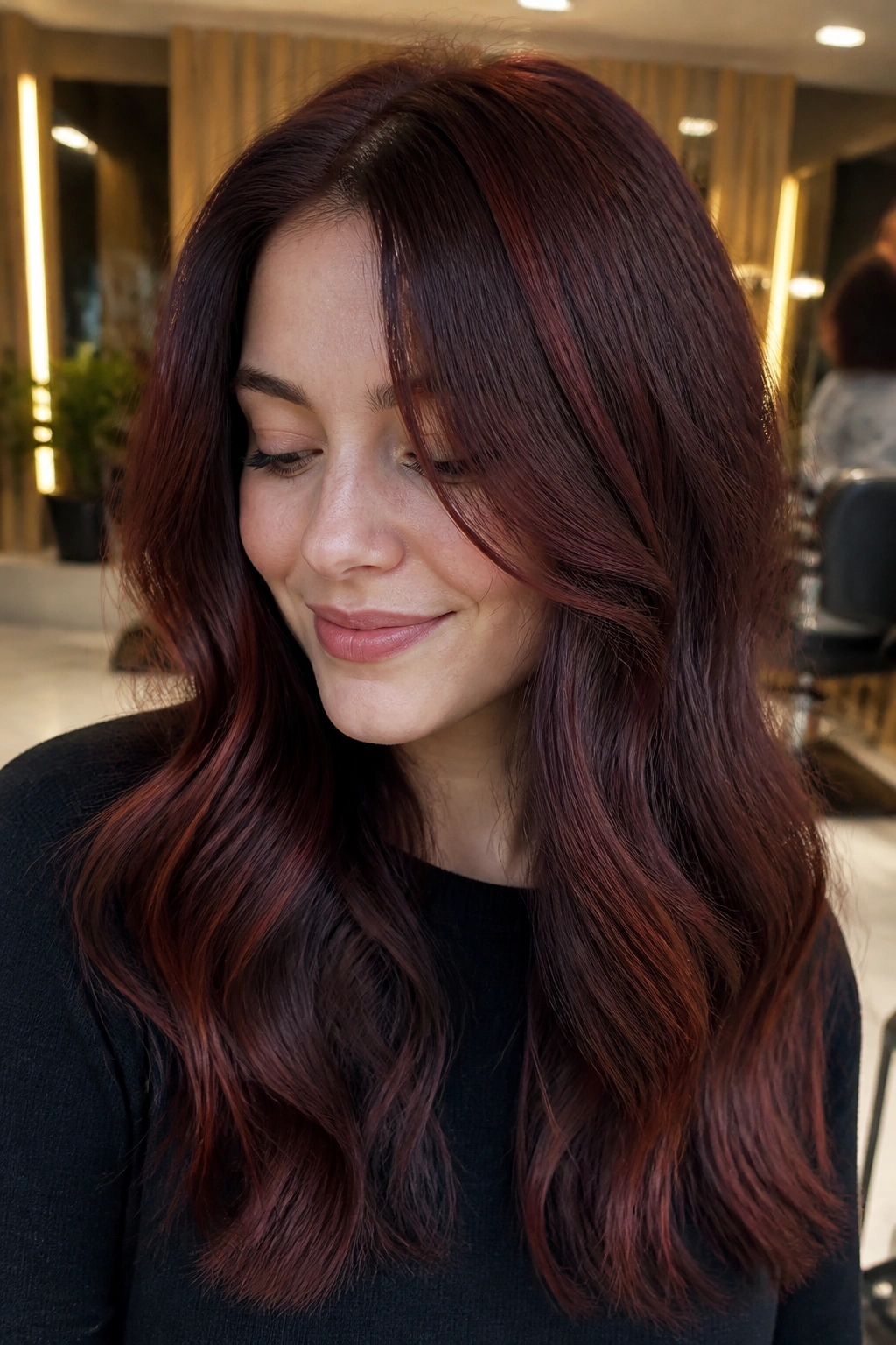 Close-up of a real woman with chestnut hair and cool red lowlights in a salon