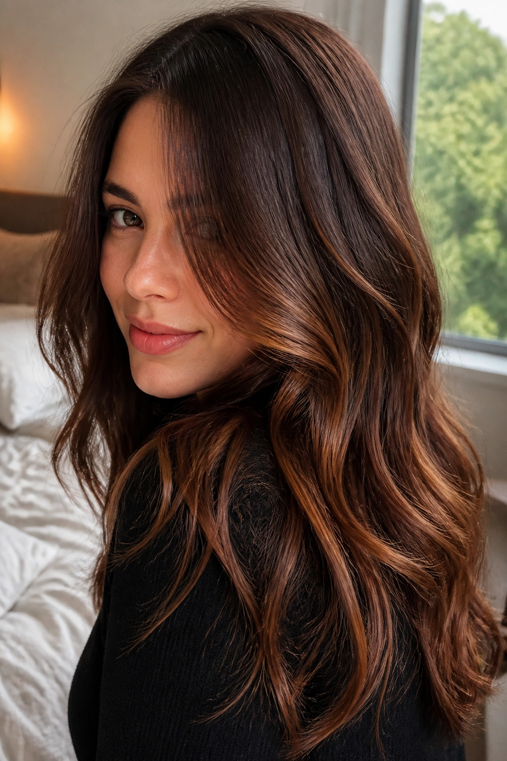 Close-up of chestnut brown hair with fine copper balayage running through mid-lengths.
