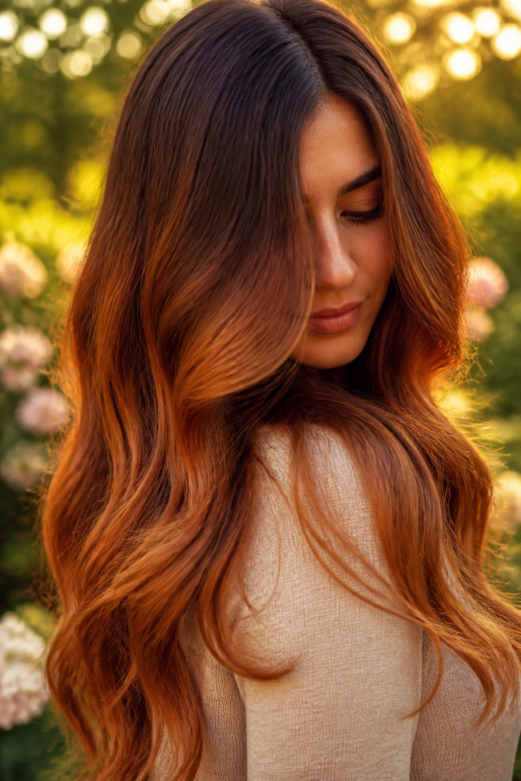 Close-up of chestnut to copper glow hair on a real woman
