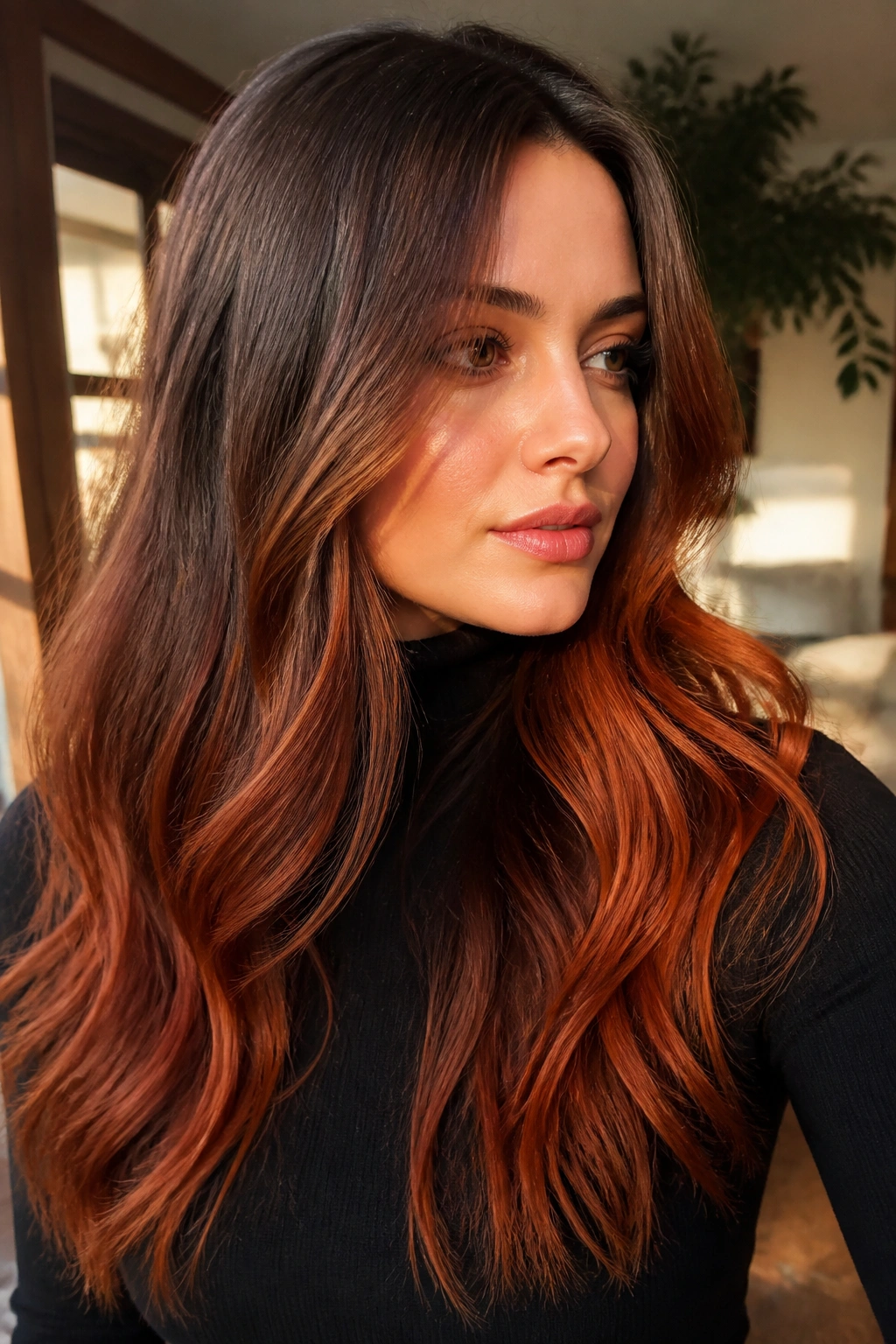Close-up of real woman with chestnut to copper red melt on long hair
