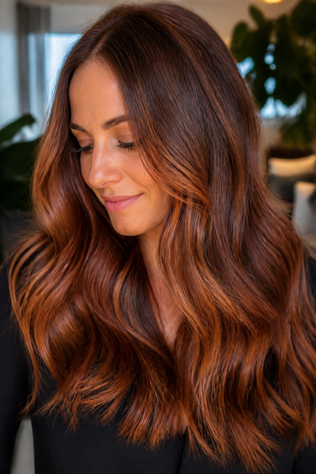 Brunette with chestnut base and copper lowlights melted through midlengths in soft daylight