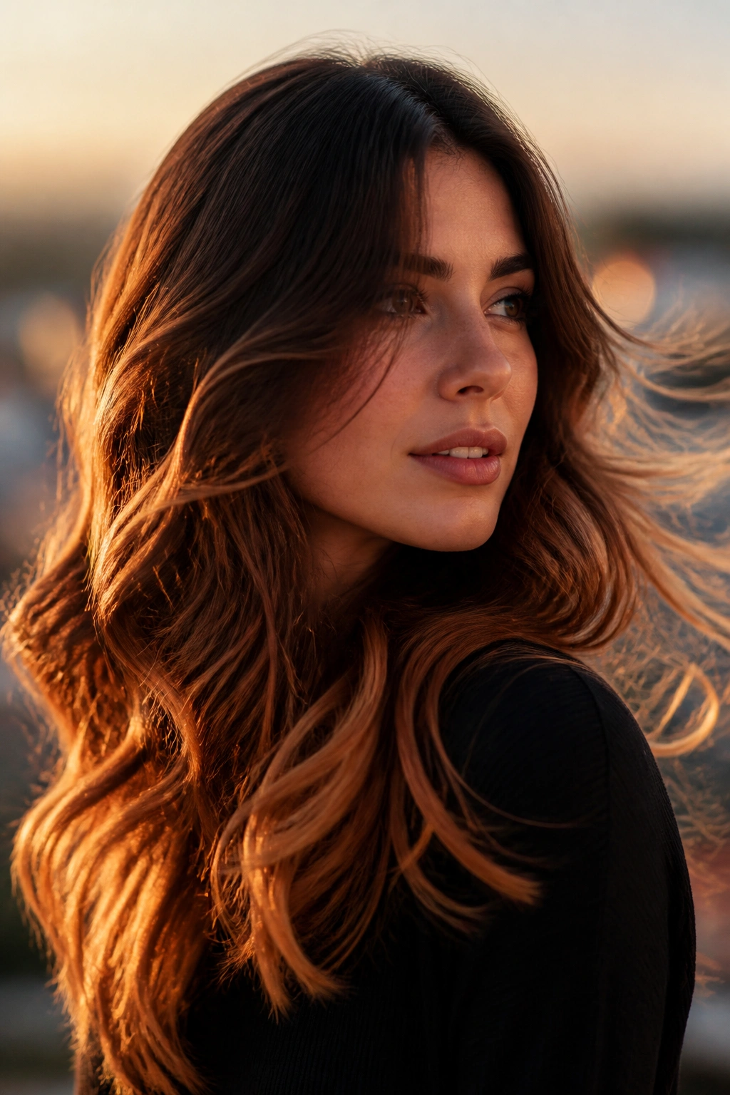 Chestnut brown hair with copper ends on a real person outdoors