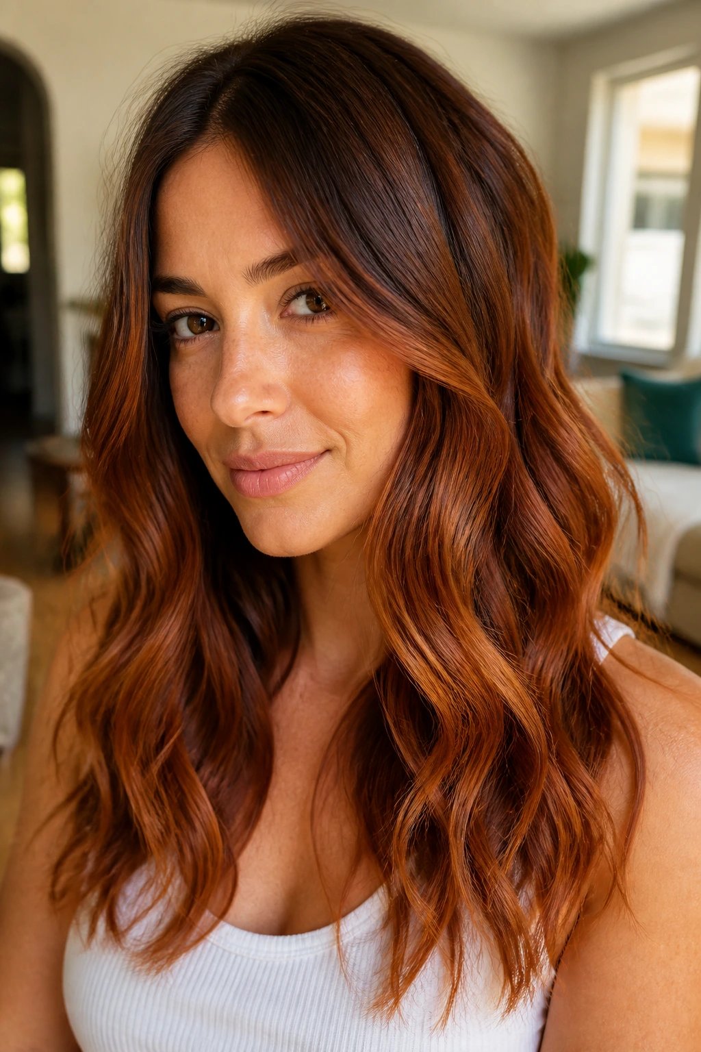 Close-up of chestnut to copper ombré on wavy hair