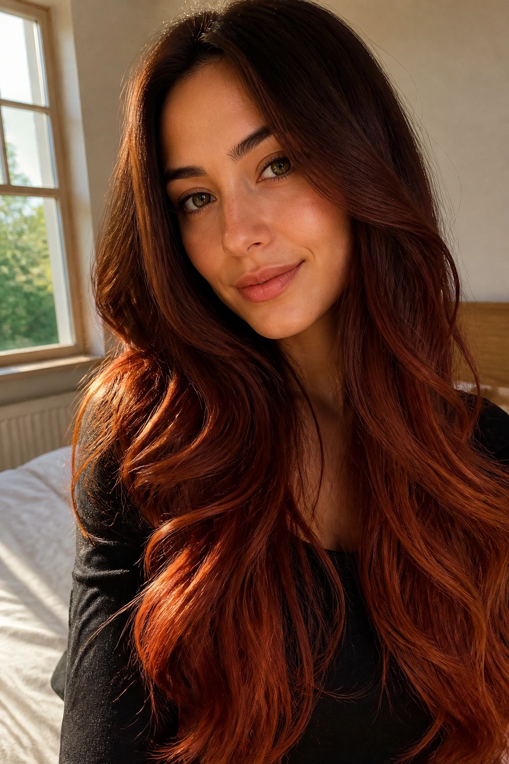 Close-up portrait of a real woman with chestnut brown roots fading to copper red on long ombre hair