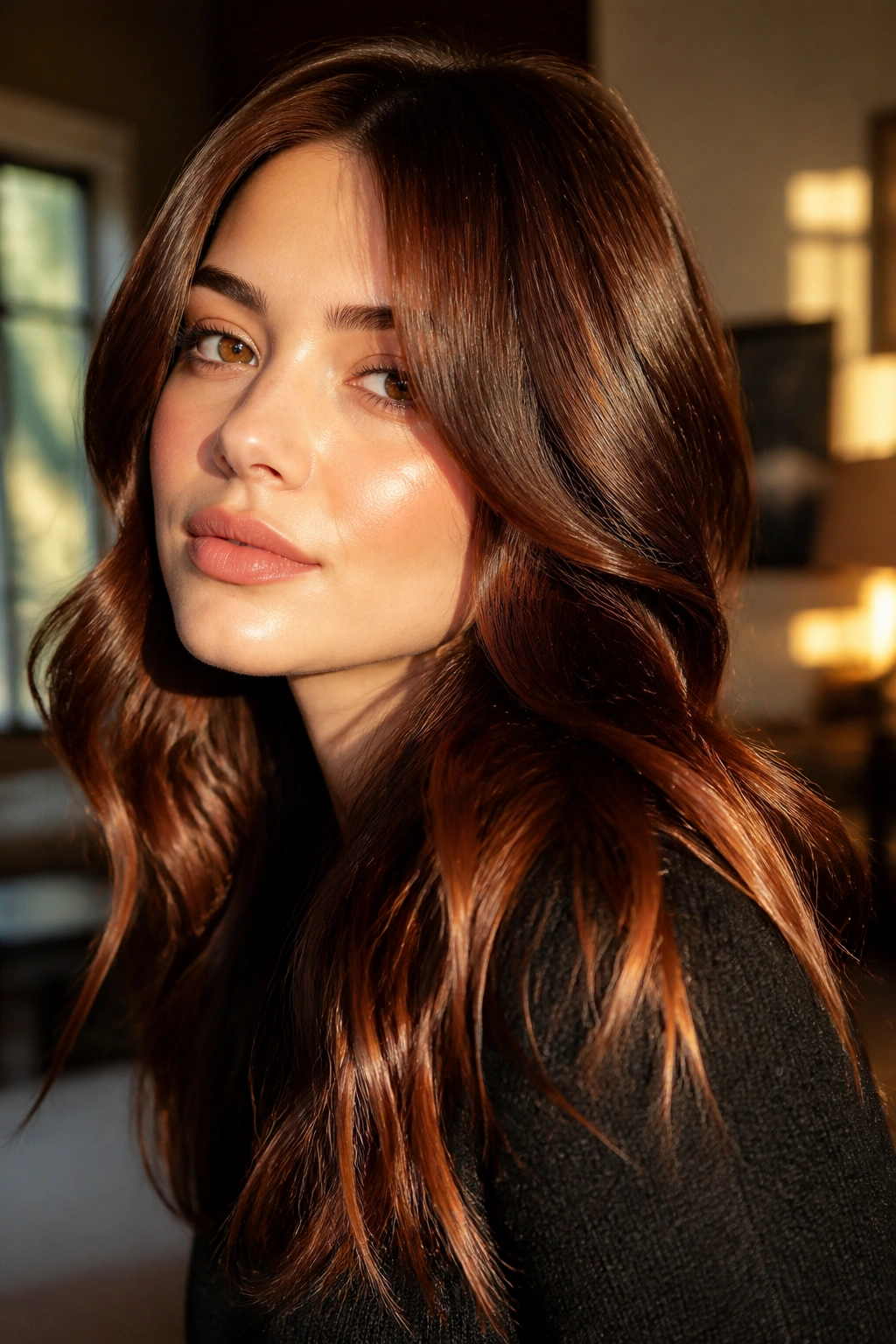 Close-up portrait of a real woman with chestnut copper shine and glossy ends.