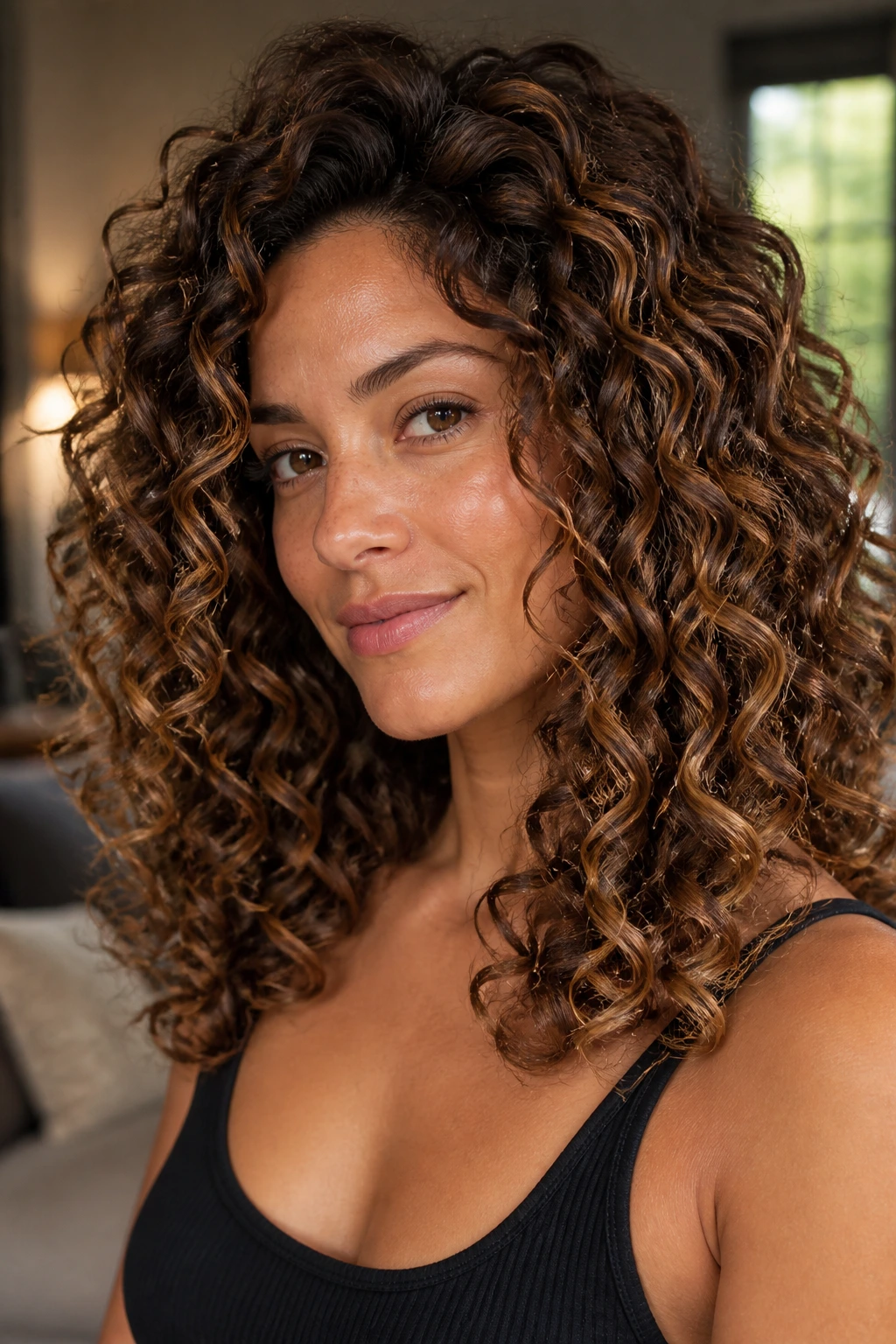 Close-up of a real woman with chestnut curly balayage and halo dimension