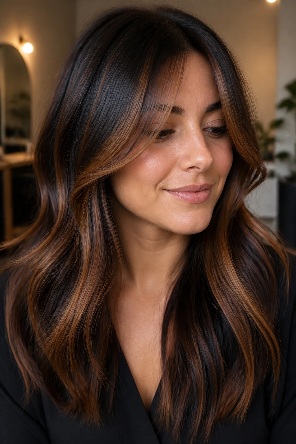Real woman with chestnut face-frame balayage and curtain bangs