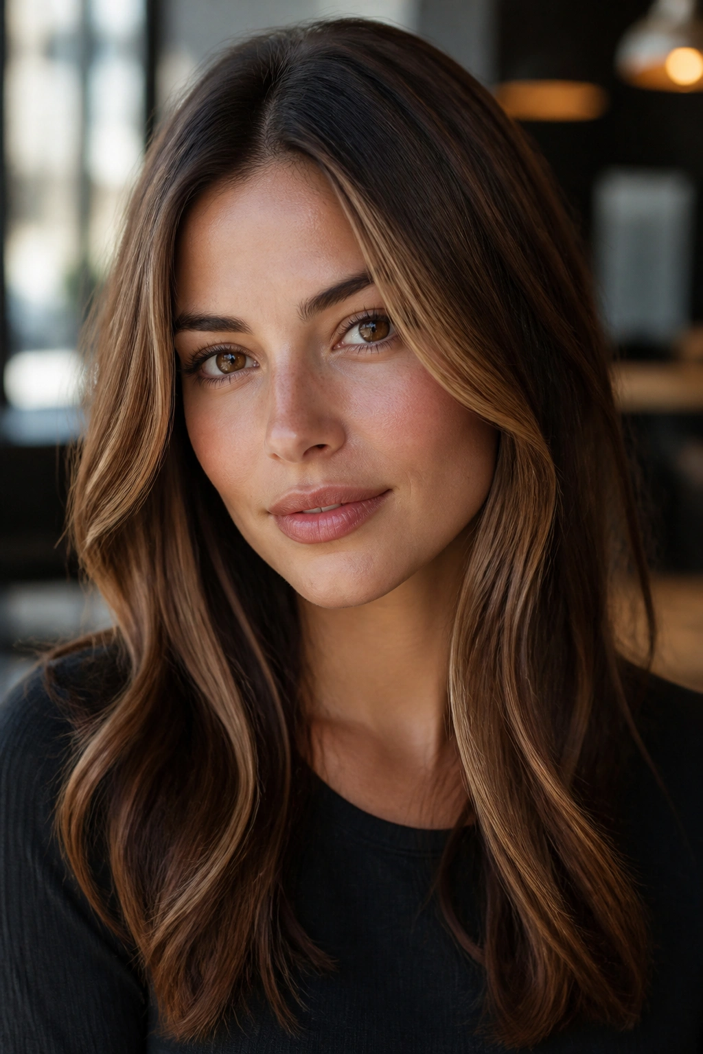Close-up showcasing chestnut face-framing pieces around the cheeks
