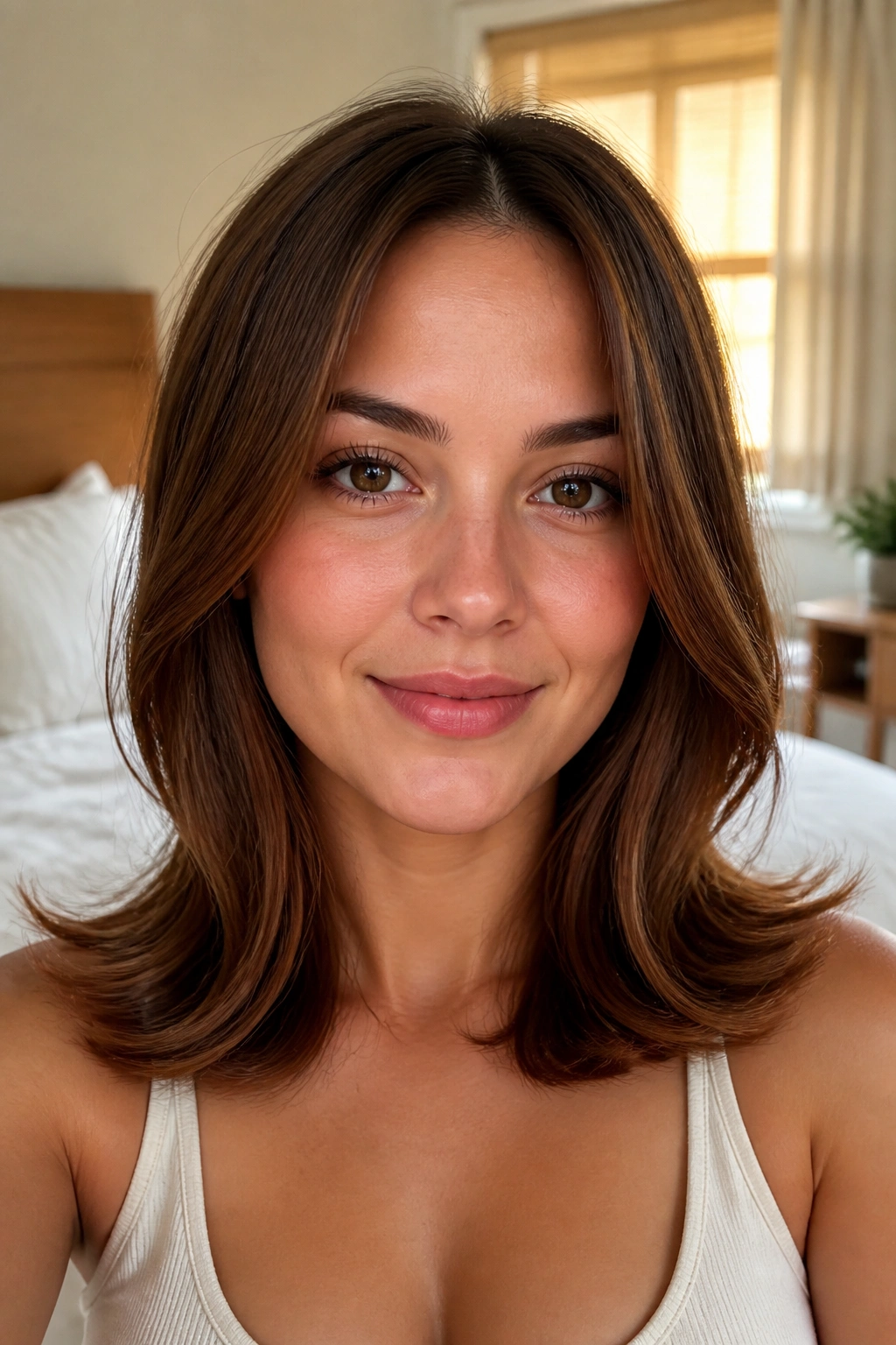 Close-up portrait of chestnut flip-ends hairstyle on a real woman