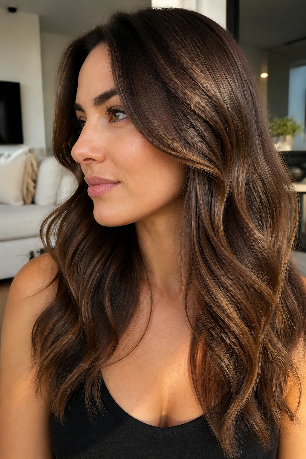 Close-up of a woman with chestnut gloss balayage highlights