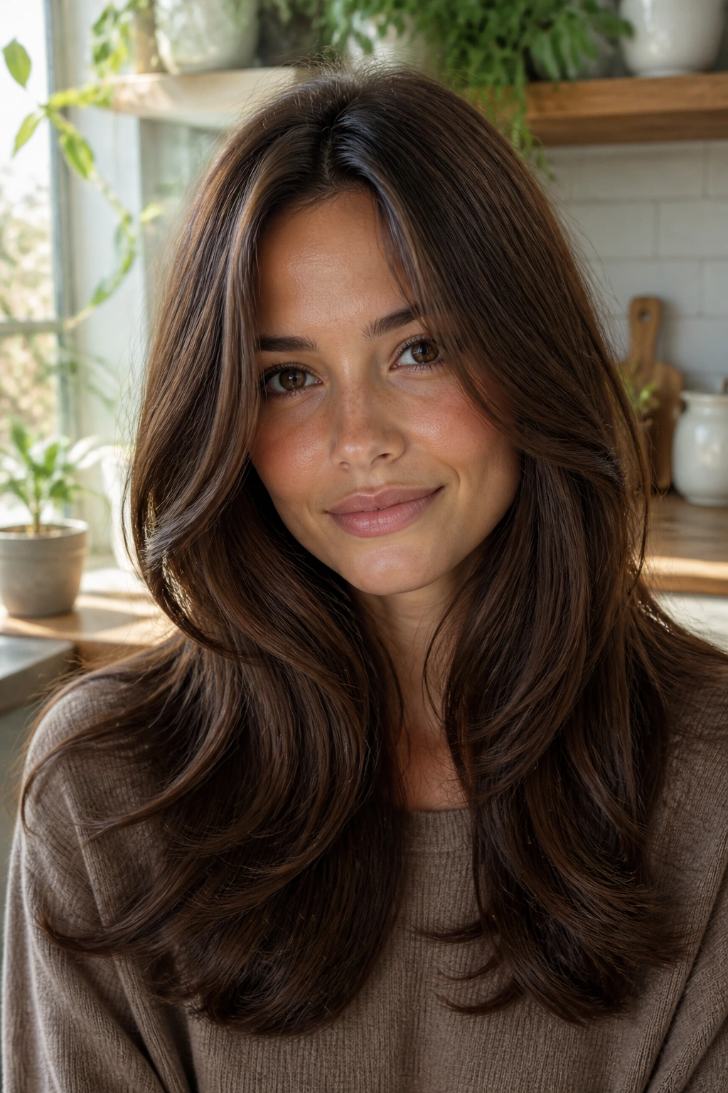 Close-up portrait of chestnut brown hair with cool gloss on long layers